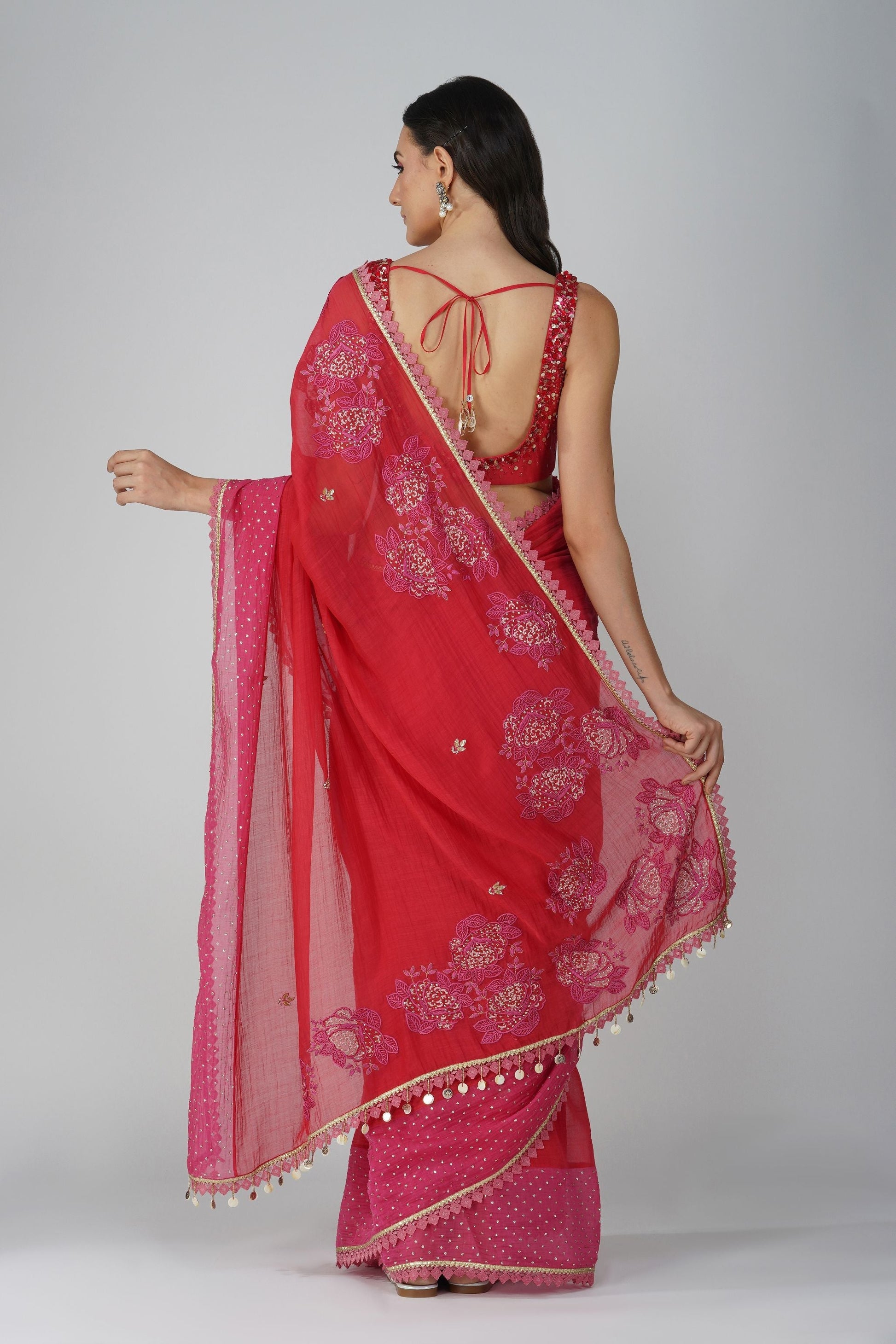 Red And Pink Two-Tone Saree Set at Kamakhyaa by Devyani Mehrotra. This item is Chanderi, Embellished, Hand Embroidered, Indian Wear, Natural, Party Wear, Red, Regular Fit, Womenswear