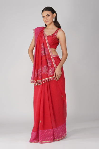 Red And Pink Two-Tone Saree Set at Kamakhyaa by Devyani Mehrotra. This item is Chanderi, Embellished, Hand Embroidered, Indian Wear, Natural, Party Wear, Red, Regular Fit, Womenswear