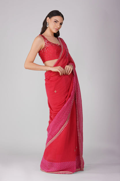 Red And Pink Two-Tone Saree Set at Kamakhyaa by Devyani Mehrotra. This item is Chanderi, Embellished, Hand Embroidered, Indian Wear, Natural, Party Wear, Red, Regular Fit, Womenswear