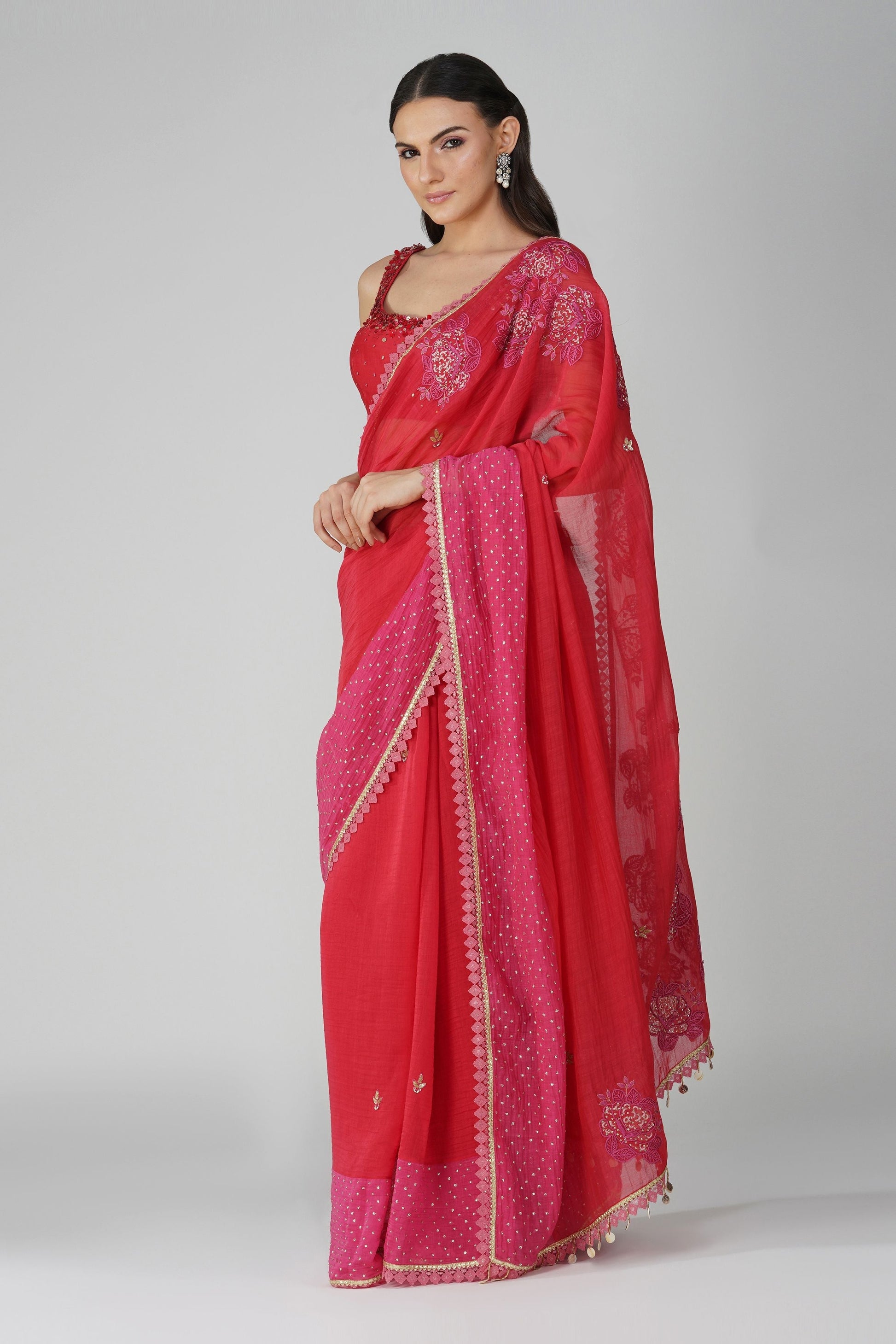 Red And Pink Two-Tone Saree Set at Kamakhyaa by Devyani Mehrotra. This item is Chanderi, Embellished, Hand Embroidered, Indian Wear, Natural, Party Wear, Red, Regular Fit, Womenswear