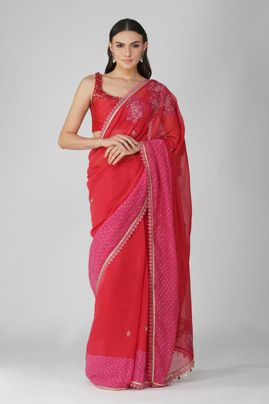 Red And Pink Two-Tone Saree Set at Kamakhyaa by Devyani Mehrotra. This item is Chanderi, Embellished, Hand Embroidered, Indian Wear, Natural, Party Wear, Red, Regular Fit, Womenswear