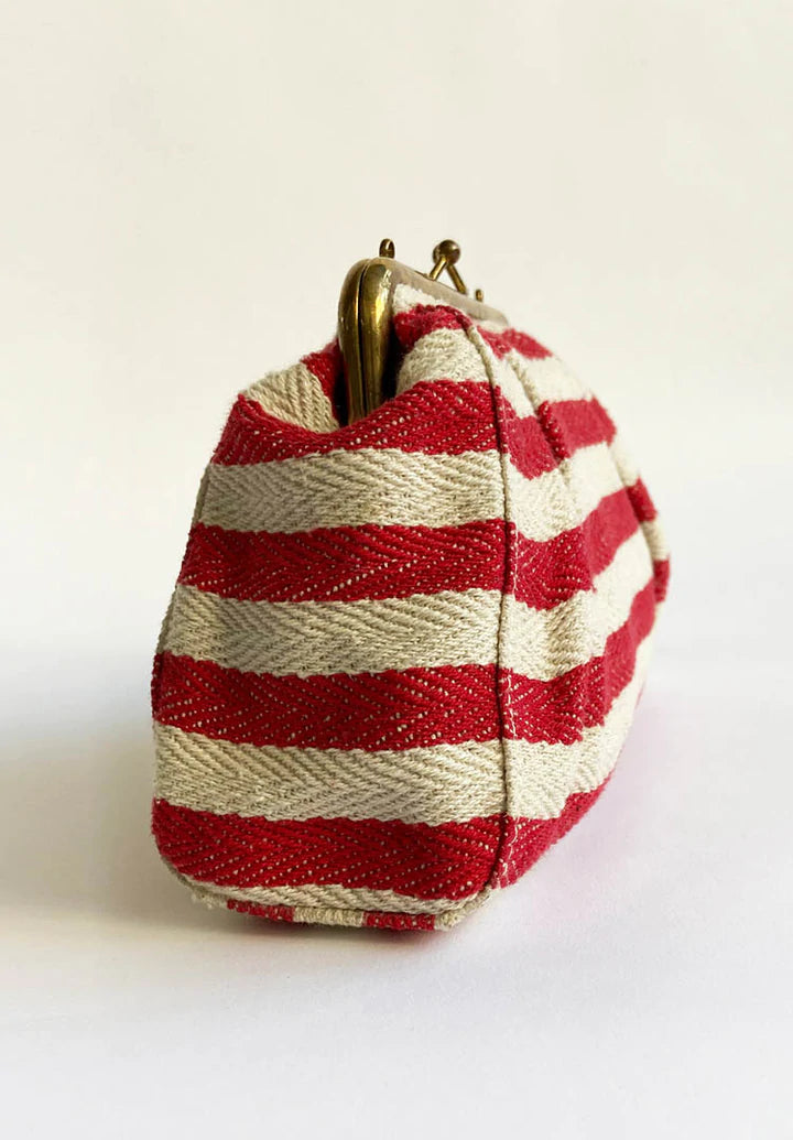 Red And White Clutch-Stripe at Kamakhyaa by Khara Kapas. This item is Add Ons, Bags, Clutch, Evening Wear, Handloom Cotton, Natural, Red, Sienna KK, Stripes