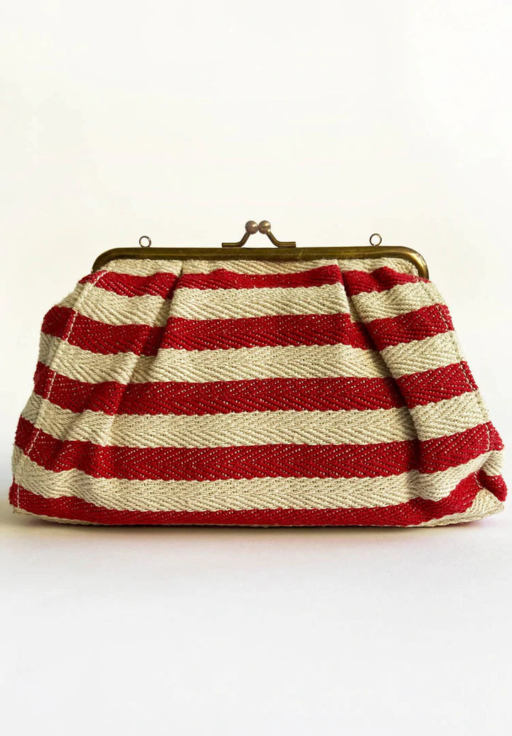 Red And White Clutch-Stripe at Kamakhyaa by Khara Kapas. This item is Add Ons, Bags, Clutch, Evening Wear, Handloom Cotton, Natural, Red, Sienna KK, Stripes