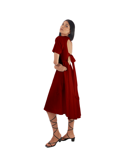 Red Backless Midi Dress at Kamakhyaa by Kamakhyaa. This item is 100% pure cotton, Casual Wear, Evening Wear, Fitted At Waist, KKYSS, Midi Dresses, Natural, Red, Relaxed Fit, Solids, Summer Sutra, Womenswear