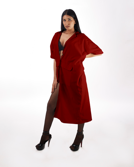 Red Blazer Dress at Kamakhyaa by Kamakhyaa. This item is 100% pure cotton, Blazer Dresses, Blazers, Casual Wear, KKYSS, Midi Dresses, Natural, Red, Relaxed Fit, Solids, Summer Sutra, Womenswear