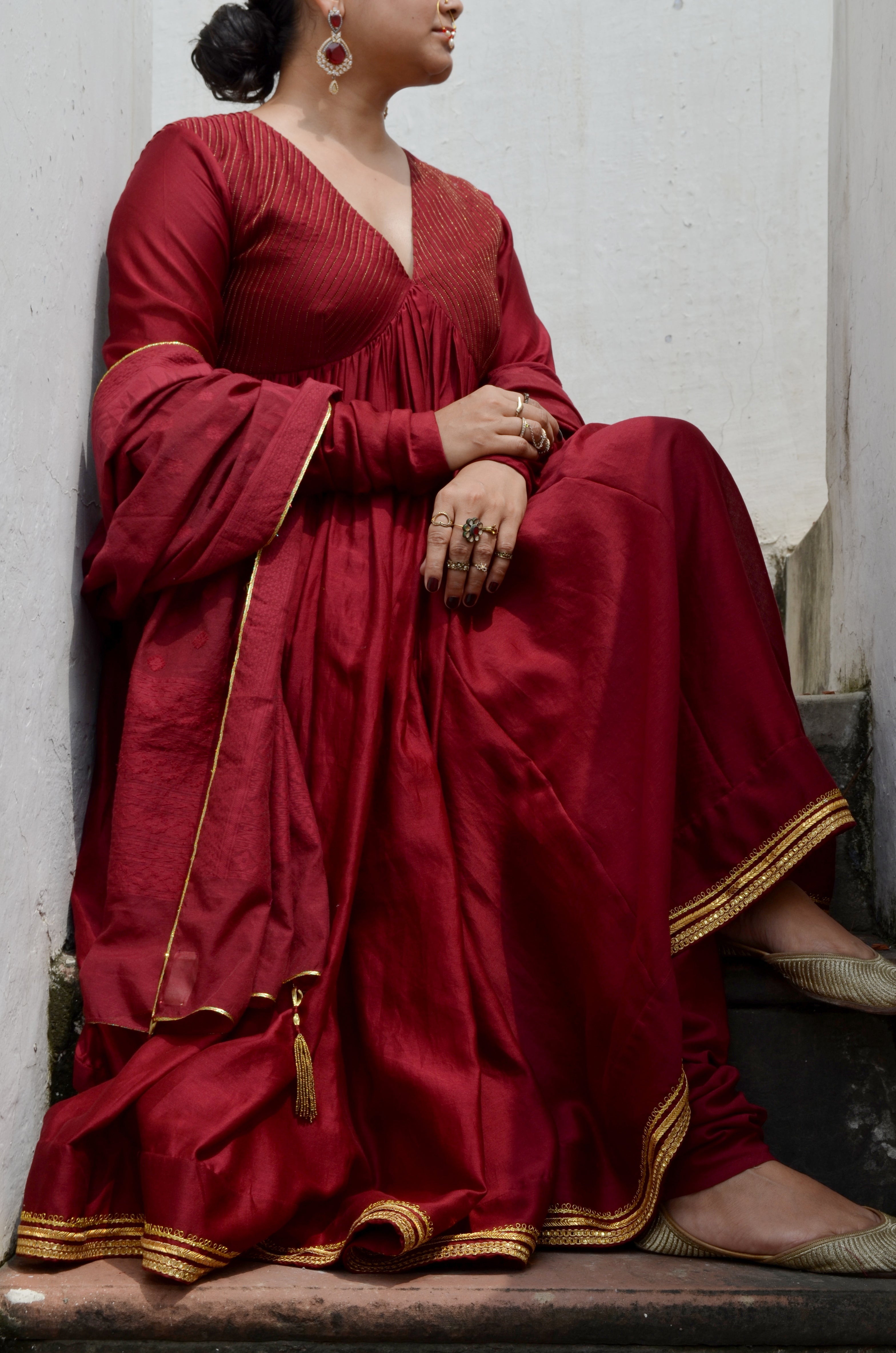 Red Chanderi Anakali with Dupatta at Kamakhyaa by Ahmev. This item is Chanderi Silk, Co-ord Sets, Cotton, Embellished, Evening Wear, Festive Wear, Kurta Set with Dupattas, Party Wear, Red, Regular Fit, Rumi, Solids, Womenswear