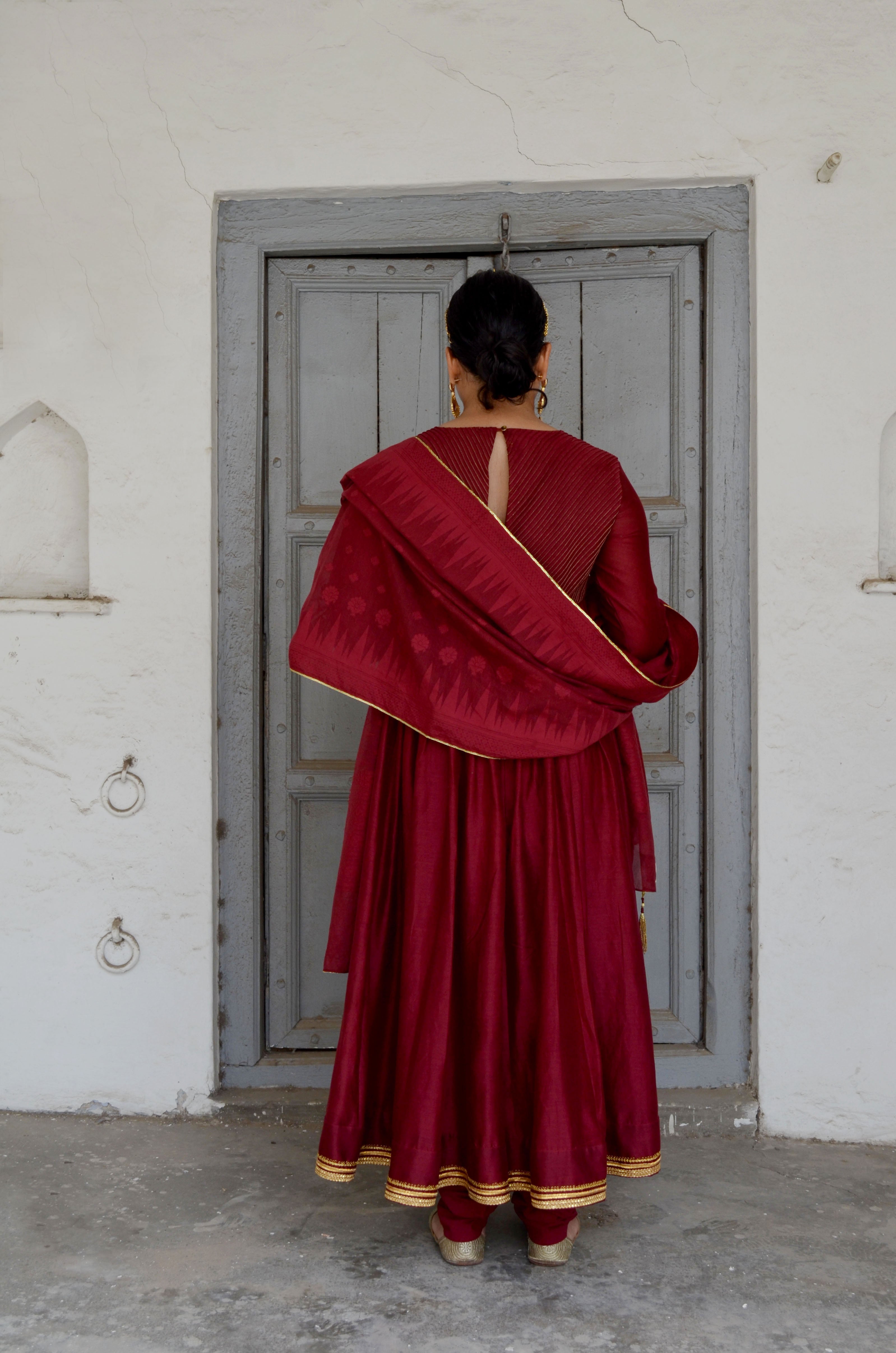 Red Chanderi Anakali with Dupatta at Kamakhyaa by Ahmev. This item is Chanderi Silk, Co-ord Sets, Cotton, Embellished, Evening Wear, Festive Wear, Kurta Set with Dupattas, Party Wear, Red, Regular Fit, Rumi, Solids, Womenswear