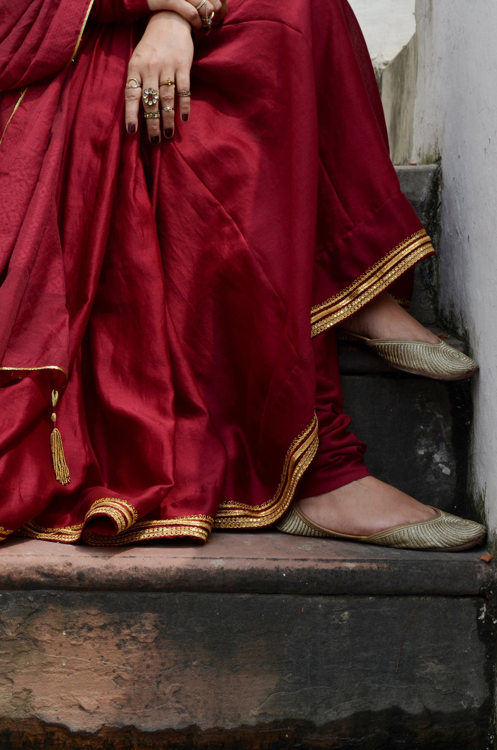 Red Chanderi Anakali with Dupatta at Kamakhyaa by Ahmev. This item is Chanderi Silk, Co-ord Sets, Cotton, Embellished, Evening Wear, Festive Wear, Kurta Set with Dupattas, Party Wear, Red, Regular Fit, Rumi, Solids, Womenswear