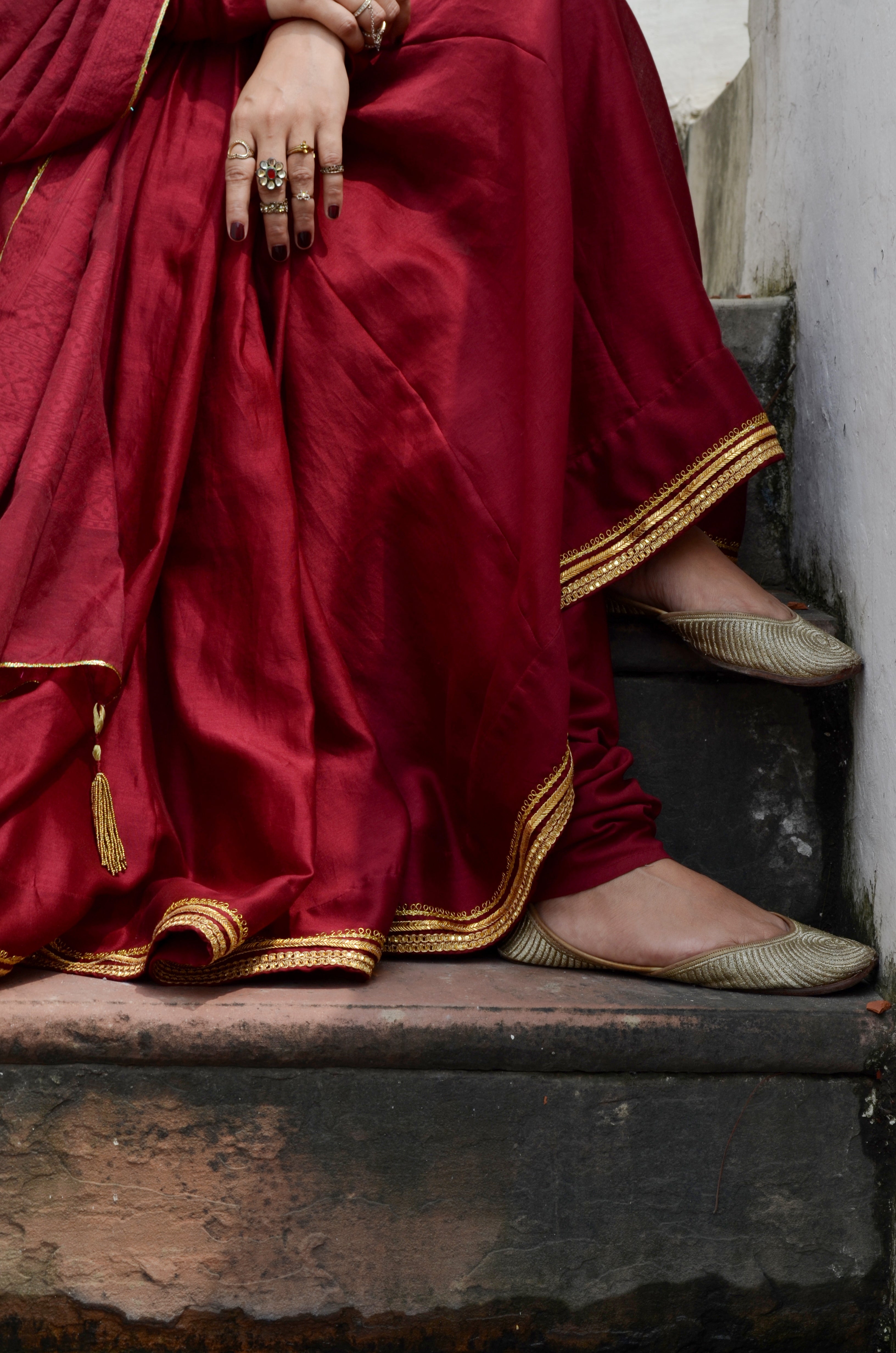 Red Chanderi Anakali with Dupatta at Kamakhyaa by Ahmev. This item is Chanderi Silk, Co-ord Sets, Cotton, Embellished, Evening Wear, Festive Wear, Kurta Set with Dupattas, Party Wear, Red, Regular Fit, Rumi, Solids, Womenswear