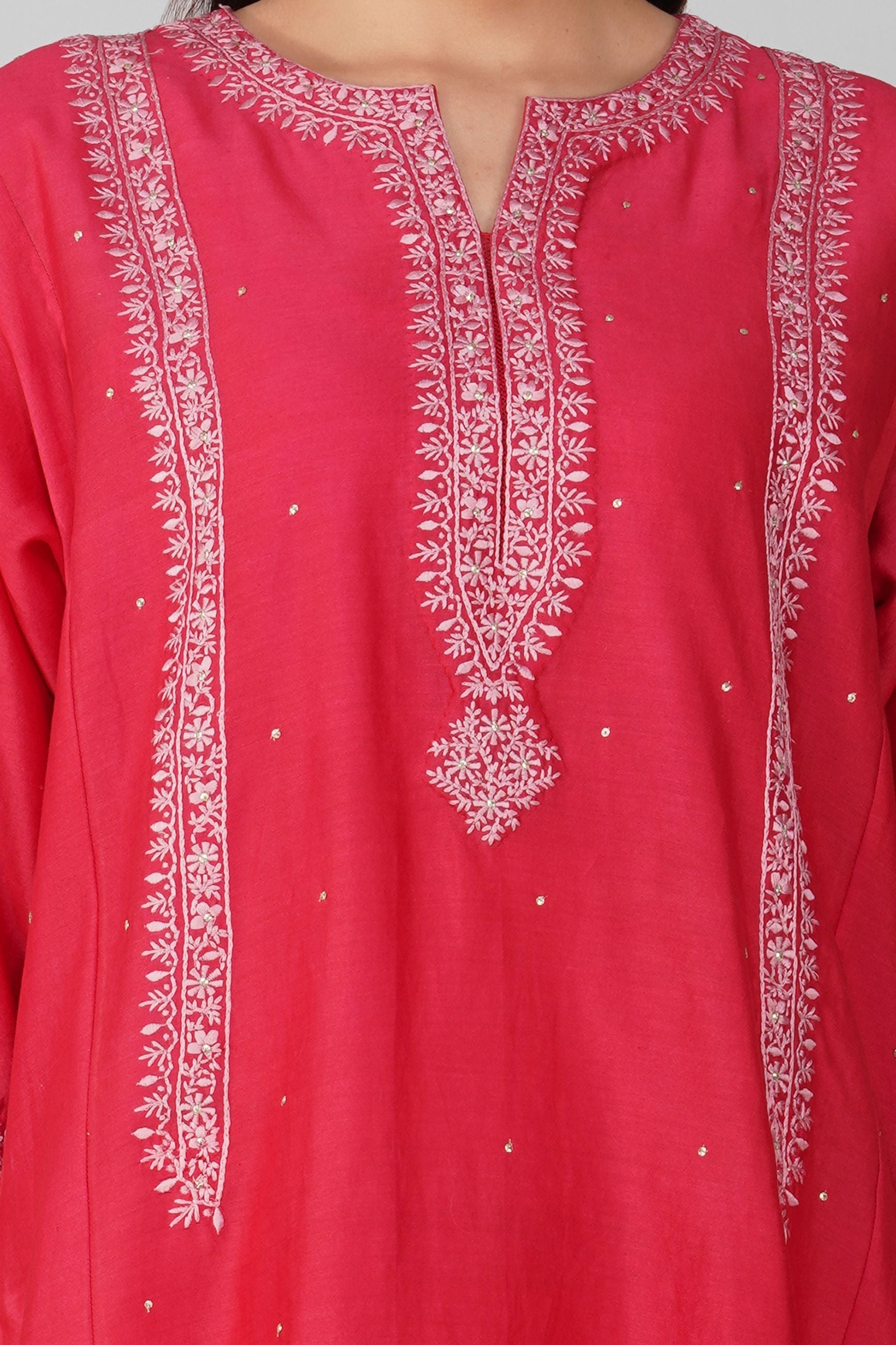 Red Chanderi Kalidar Kurta Pant Set at Kamakhyaa by Devyani Mehrotra. This item is Chanderi, Embellished, Indian Wear, Natural, Party Wear, Red, Regular Fit, Womenswear