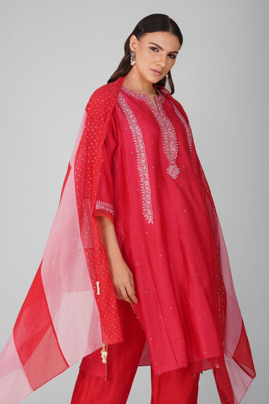 Red Chanderi Kalidar Kurta Pant Set at Kamakhyaa by Devyani Mehrotra. This item is Chanderi, Embellished, Indian Wear, Natural, Party Wear, Red, Regular Fit, Womenswear