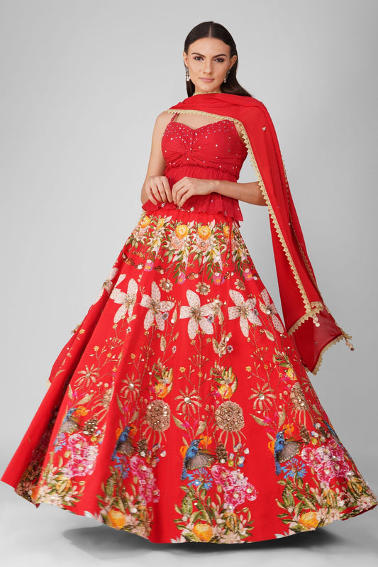 Red Chanderi Printed Lehenga Set at Kamakhyaa by Devyani Mehrotra. This item is Chanderi, Embellished, Indian Wear, Modal Satin, Multicolor, Natural, Party Wear, Red, Regular Fit, Womenswear
