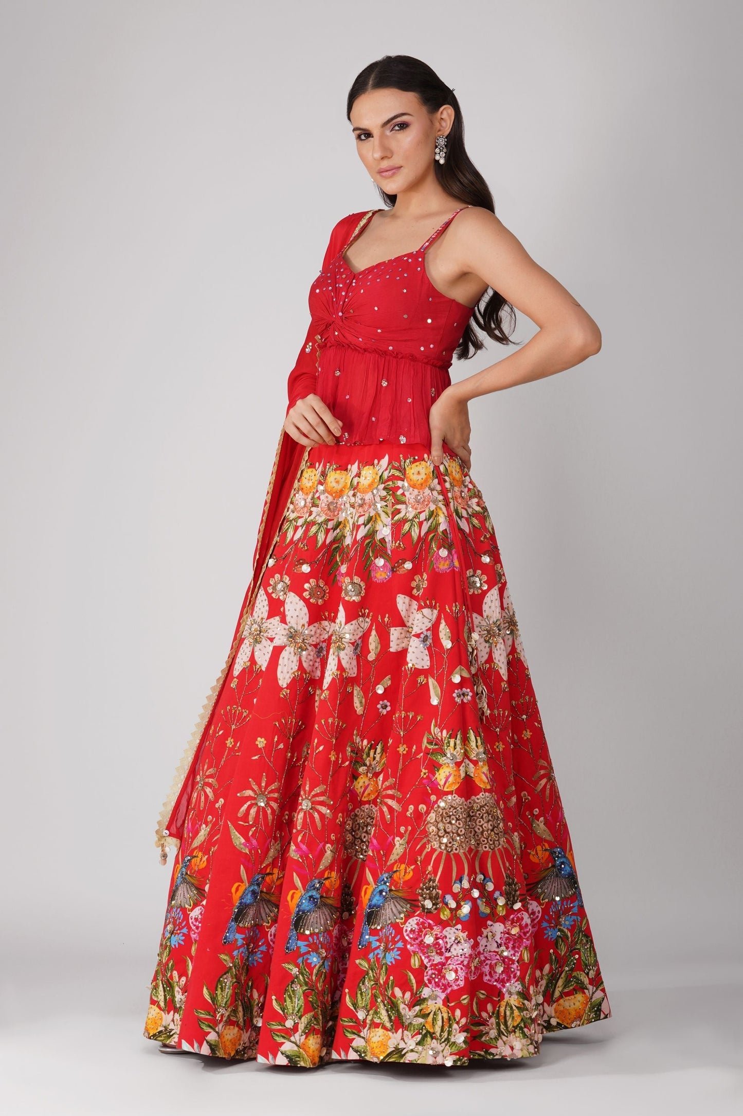 Red Chanderi Printed Lehenga Set at Kamakhyaa by Devyani Mehrotra. This item is Chanderi, Embellished, Indian Wear, Modal Satin, Multicolor, Natural, Party Wear, Red, Regular Fit, Womenswear