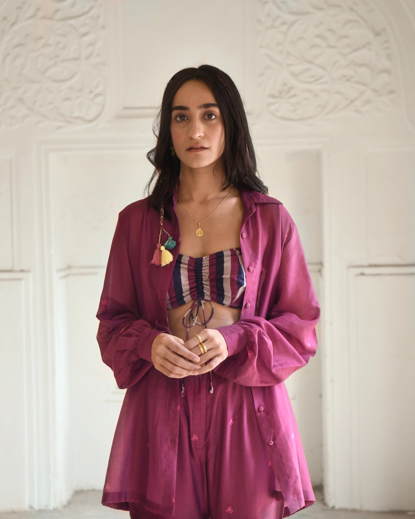 Red Chanderi Silk Co-ord Set Of 3 at Kamakhyaa by Taro. This item is Azo Free Dyes, Chanderi Silk, Co-ord Sets, Fusion Wear, Garden Of Dreams, July Sale, July Sale 2023, Prints, Purple, Relaxed Fit, Travel Co-ords, Vacation, Vacation Co-ords, Womenswear