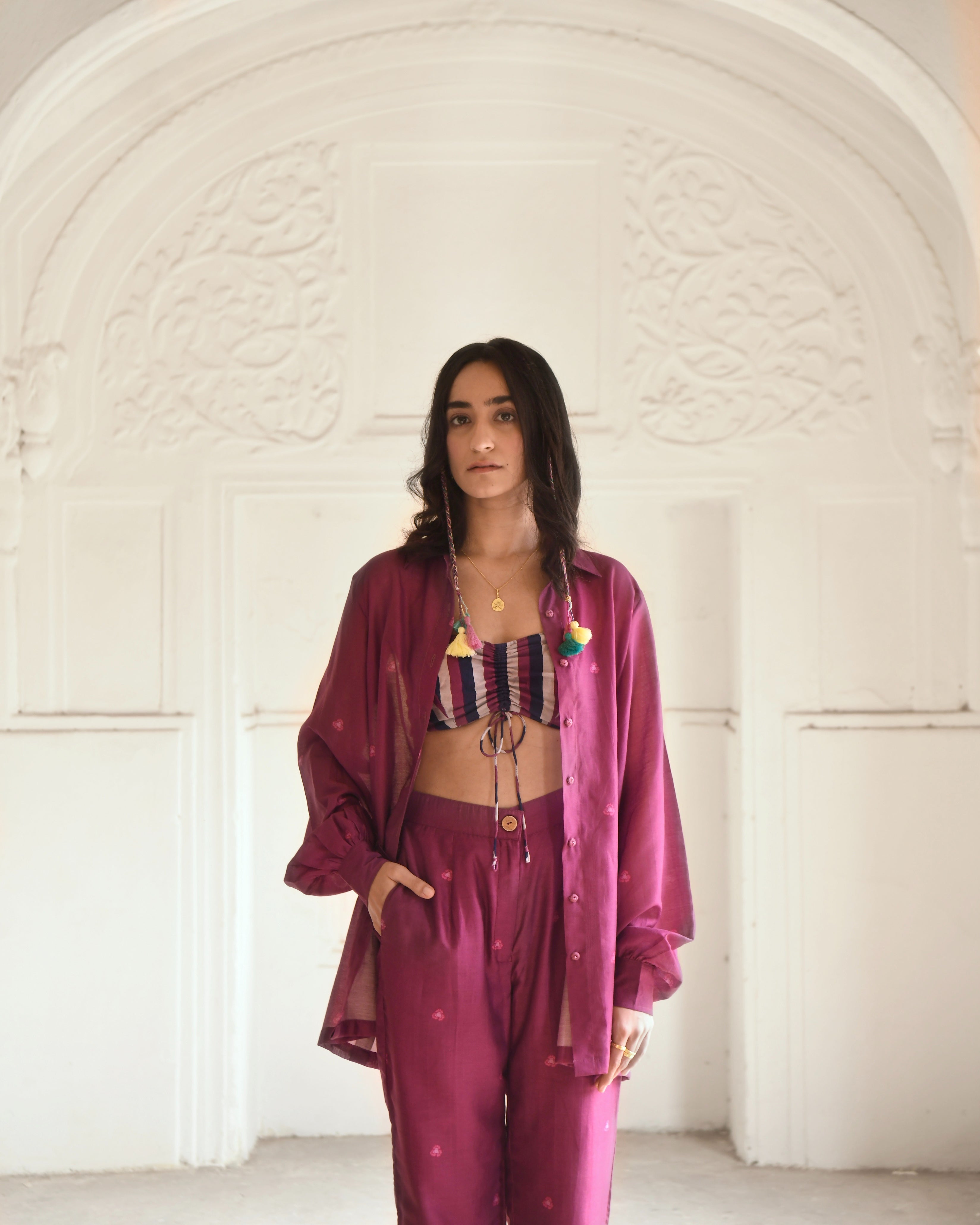 Red Chanderi Silk Co-ord Set Of 3 at Kamakhyaa by Taro. This item is Azo Free Dyes, Chanderi Silk, Co-ord Sets, Fusion Wear, Garden Of Dreams, July Sale, July Sale 2023, Prints, Purple, Relaxed Fit, Travel Co-ords, Vacation, Vacation Co-ords, Womenswear