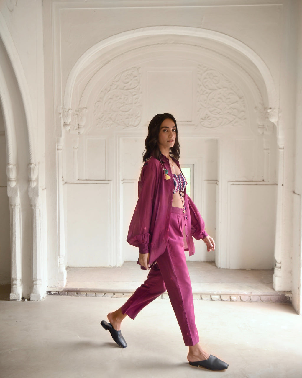 Red Chanderi Silk Co-ord Set Of 3 at Kamakhyaa by Taro. This item is Azo Free Dyes, Chanderi Silk, Co-ord Sets, Fusion Wear, Garden Of Dreams, July Sale, July Sale 2023, Prints, Purple, Relaxed Fit, Travel Co-ords, Vacation, Vacation Co-ords, Womenswear