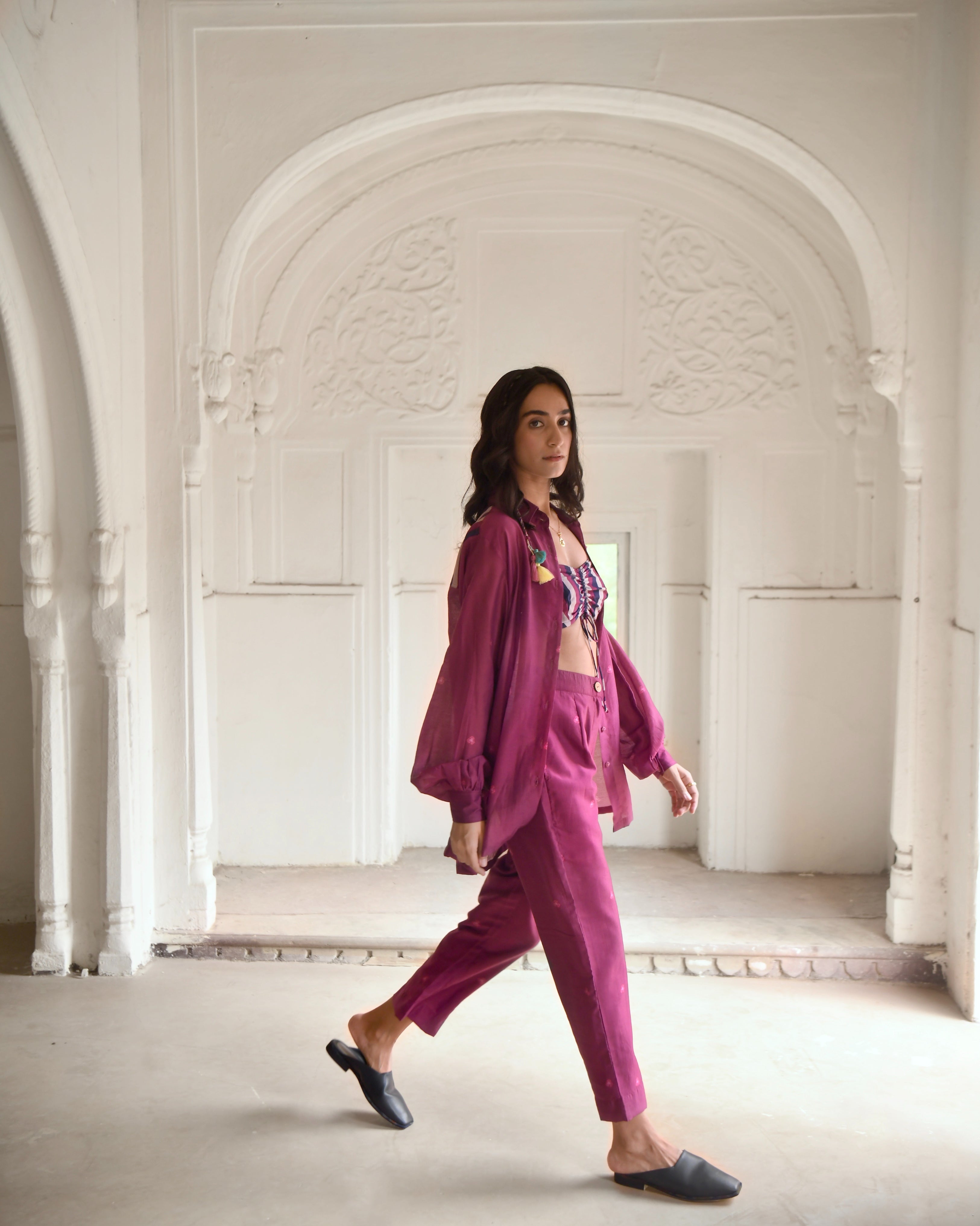 Red Chanderi Silk Co-ord Set Of 3 at Kamakhyaa by Taro. This item is Azo Free Dyes, Chanderi Silk, Co-ord Sets, Fusion Wear, Garden Of Dreams, July Sale, July Sale 2023, Prints, Purple, Relaxed Fit, Travel Co-ords, Vacation, Vacation Co-ords, Womenswear