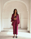 Red Chanderi Silk Co-ord Set Of 3 at Kamakhyaa by Taro. This item is Azo Free Dyes, Chanderi Silk, Co-ord Sets, Fusion Wear, Garden Of Dreams, July Sale, July Sale 2023, Prints, Purple, Relaxed Fit, Travel Co-ords, Vacation, Vacation Co-ords, Womenswear