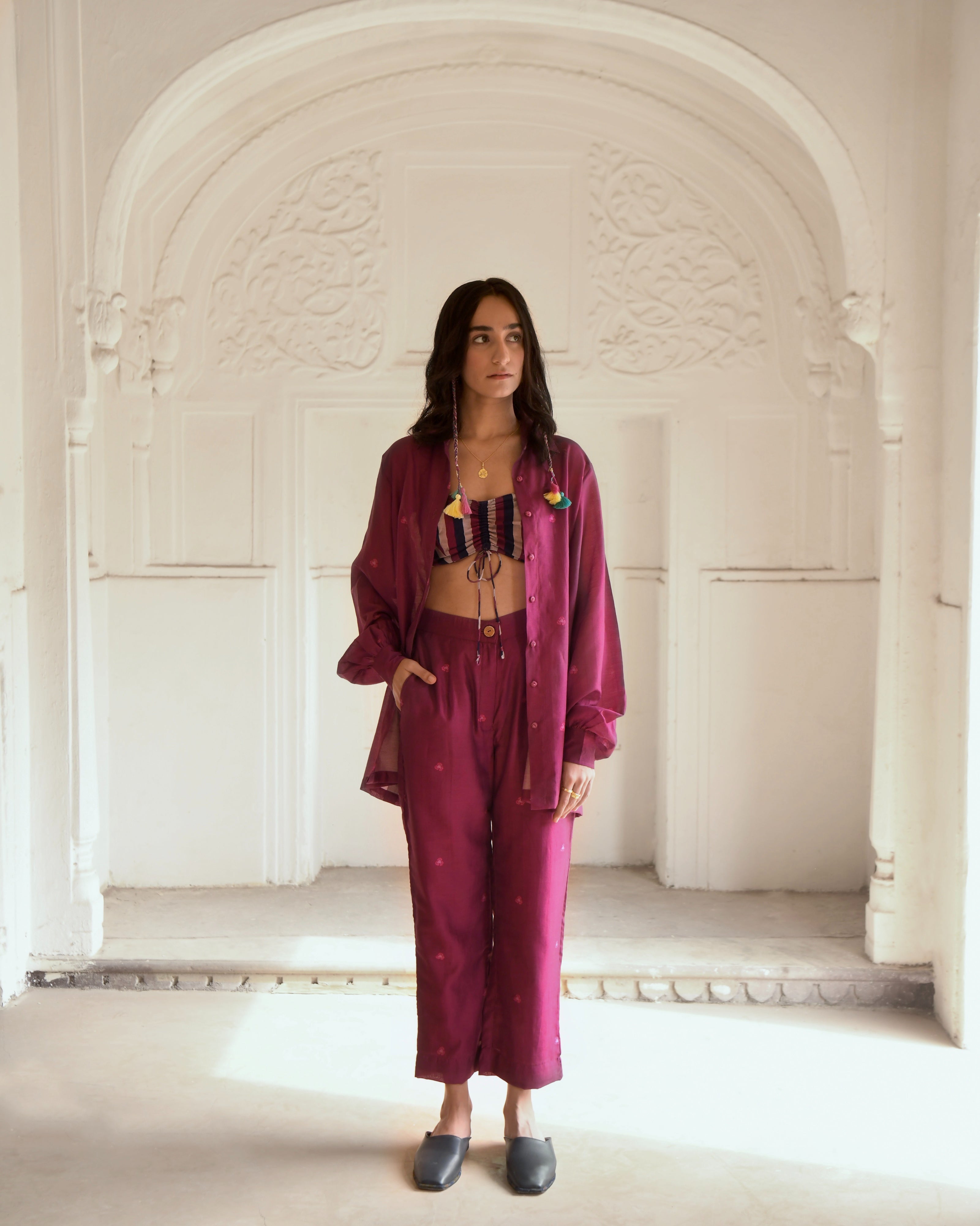 Red Chanderi Silk Co-ord Set Of 3 at Kamakhyaa by Taro. This item is Azo Free Dyes, Chanderi Silk, Co-ord Sets, Fusion Wear, Garden Of Dreams, July Sale, July Sale 2023, Prints, Purple, Relaxed Fit, Travel Co-ords, Vacation, Vacation Co-ords, Womenswear