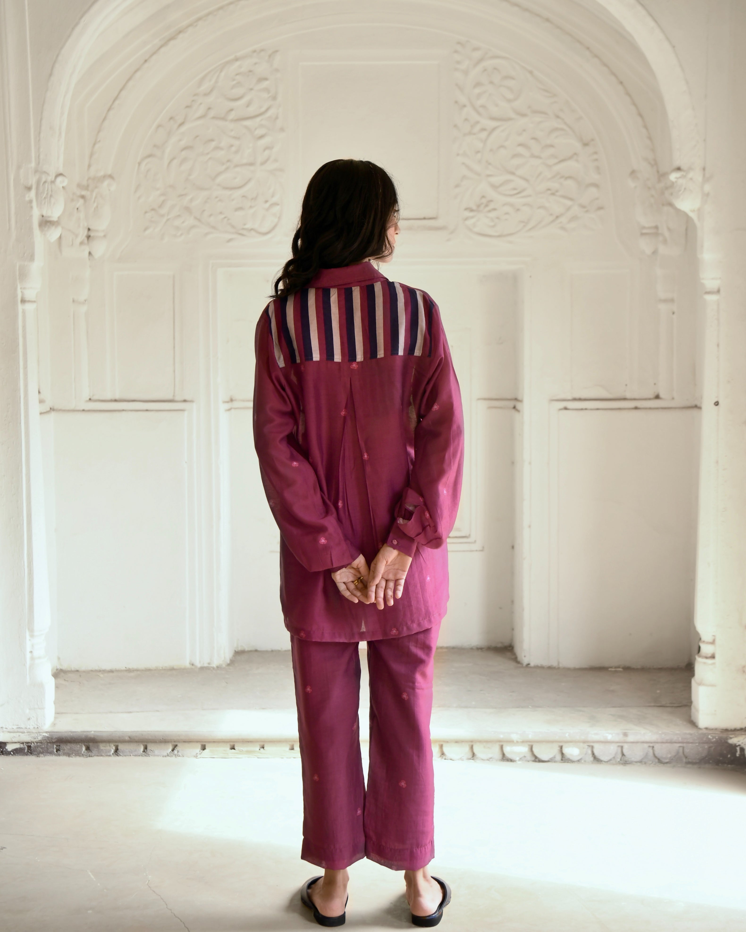 Red Chanderi Silk Co-ord Set Of 3 at Kamakhyaa by Taro. This item is Azo Free Dyes, Chanderi Silk, Co-ord Sets, Fusion Wear, Garden Of Dreams, July Sale, July Sale 2023, Prints, Purple, Relaxed Fit, Travel Co-ords, Vacation, Vacation Co-ords, Womenswear