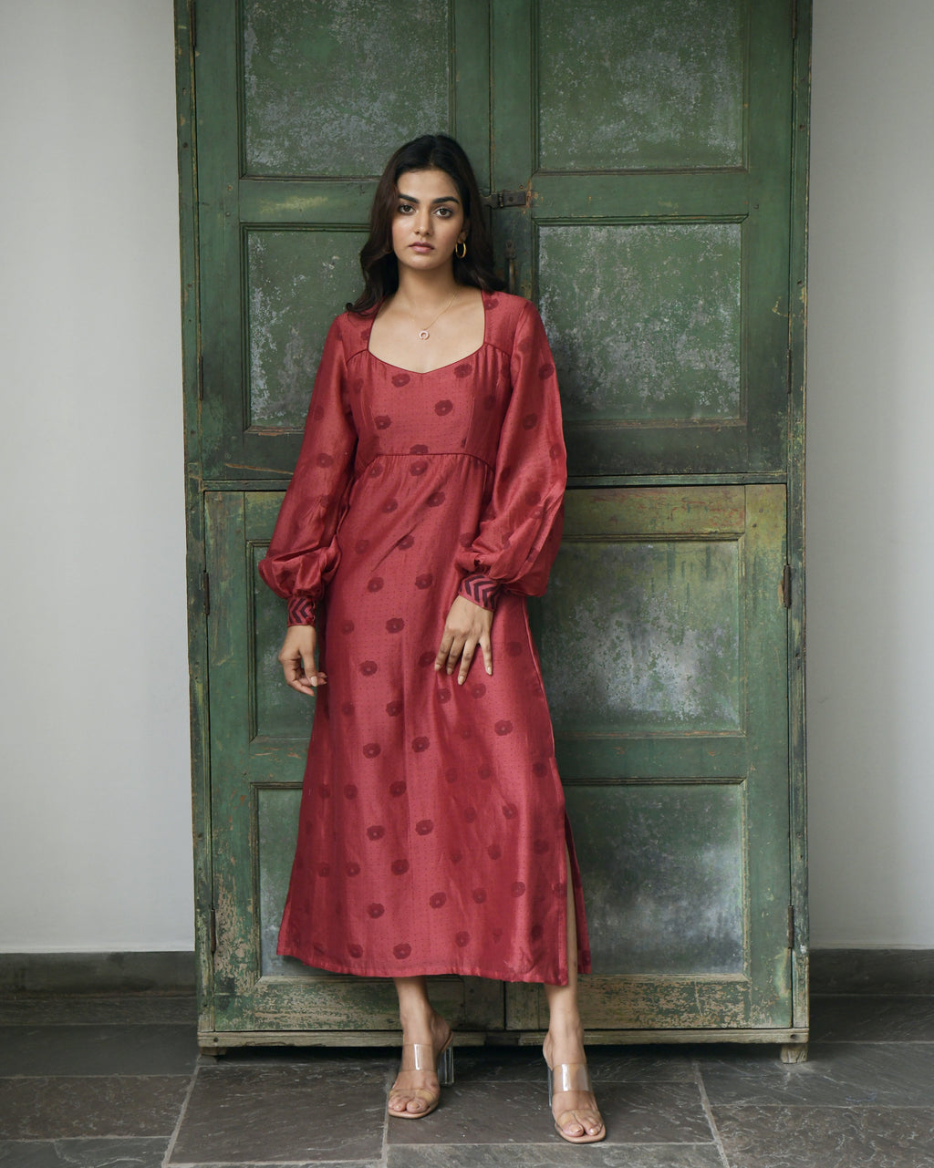 Red Chanderi Silk Midi Dress at Kamakhyaa by Taro. This item is Evening Wear, Handwoven Chanderi silk, July Sale, July Sale 2023, Midi Dresses, Natural, Printed Selfsame, Prints, Red, Regular Fit, Wildflower Taro, Womenswear