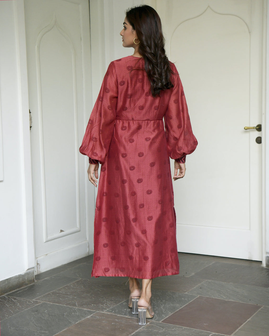 Red Chanderi Silk Midi Dress at Kamakhyaa by Taro. This item is Evening Wear, Handwoven Chanderi silk, July Sale, July Sale 2023, Midi Dresses, Natural, Printed Selfsame, Prints, Red, Regular Fit, Wildflower Taro, Womenswear