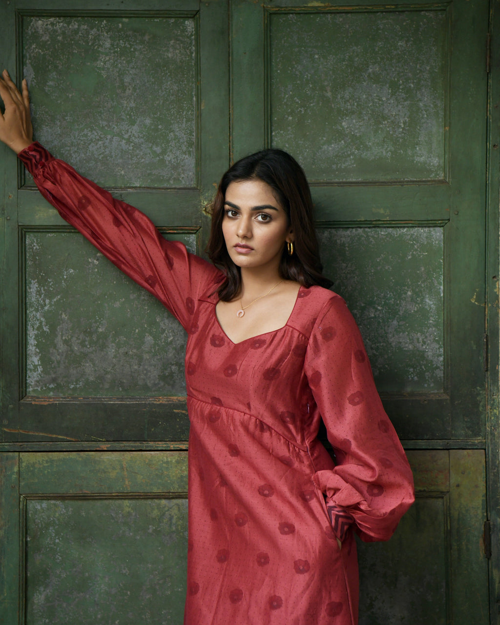 Red Chanderi Silk Midi Dress at Kamakhyaa by Taro. This item is Evening Wear, Handwoven Chanderi silk, July Sale, July Sale 2023, Midi Dresses, Natural, Printed Selfsame, Prints, Red, Regular Fit, Wildflower Taro, Womenswear