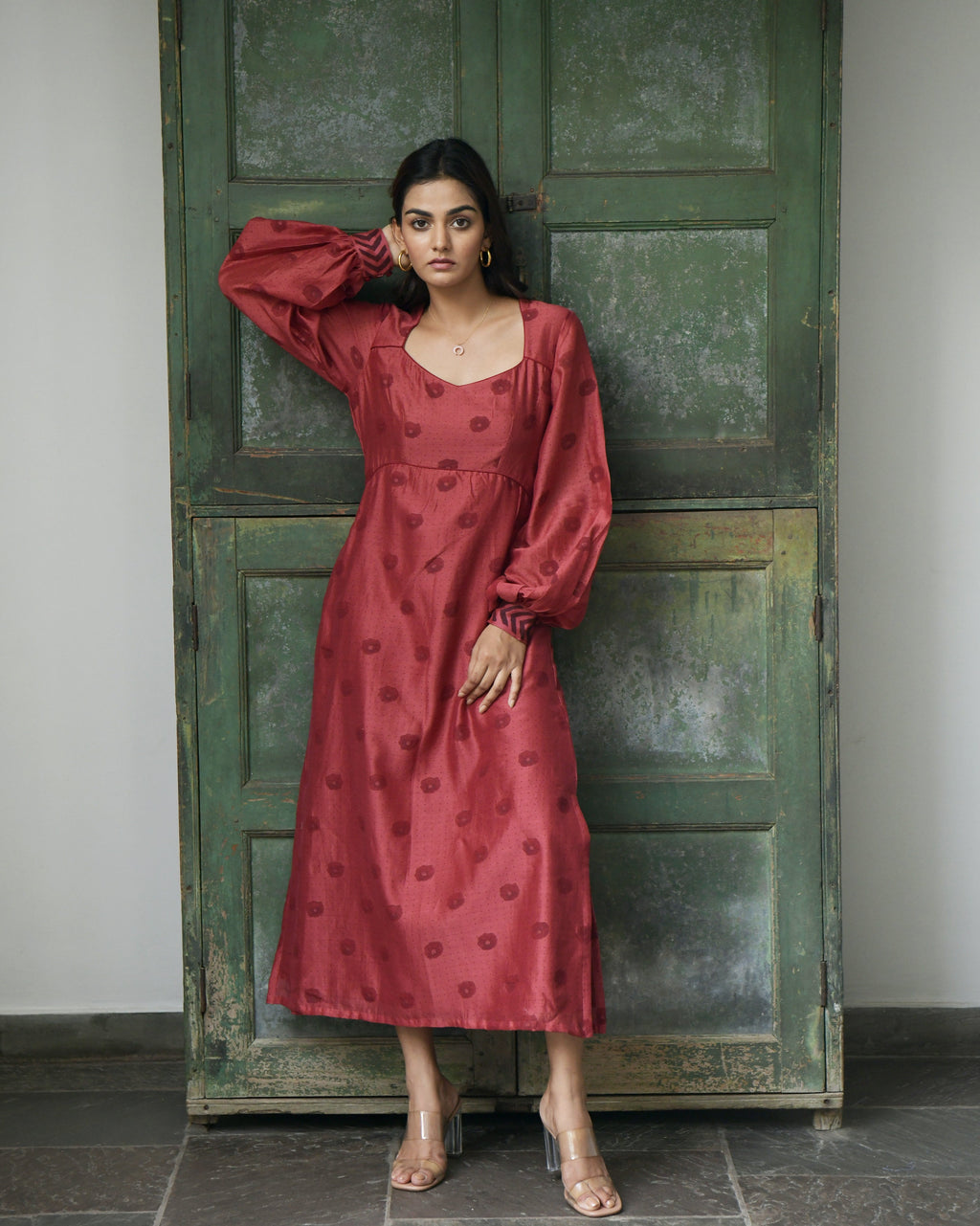 Red Chanderi Silk Midi Dress at Kamakhyaa by Taro. This item is Evening Wear, Handwoven Chanderi silk, July Sale, July Sale 2023, Midi Dresses, Natural, Printed Selfsame, Prints, Red, Regular Fit, Wildflower Taro, Womenswear