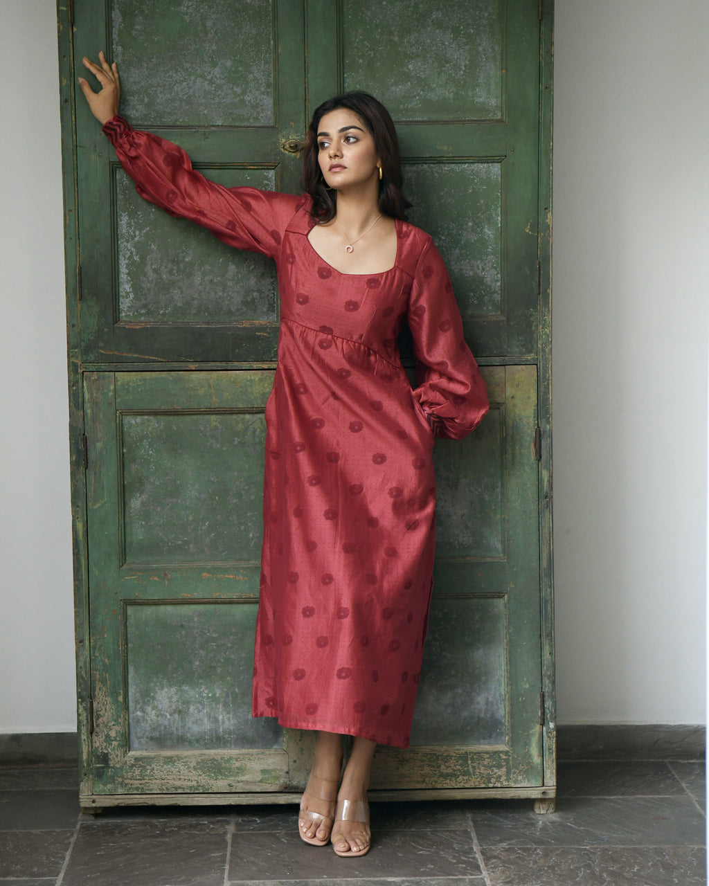Red Chanderi Silk Midi Dress at Kamakhyaa by Taro. This item is Evening Wear, Handwoven Chanderi silk, July Sale, July Sale 2023, Midi Dresses, Natural, Printed Selfsame, Prints, Red, Regular Fit, Wildflower Taro, Womenswear