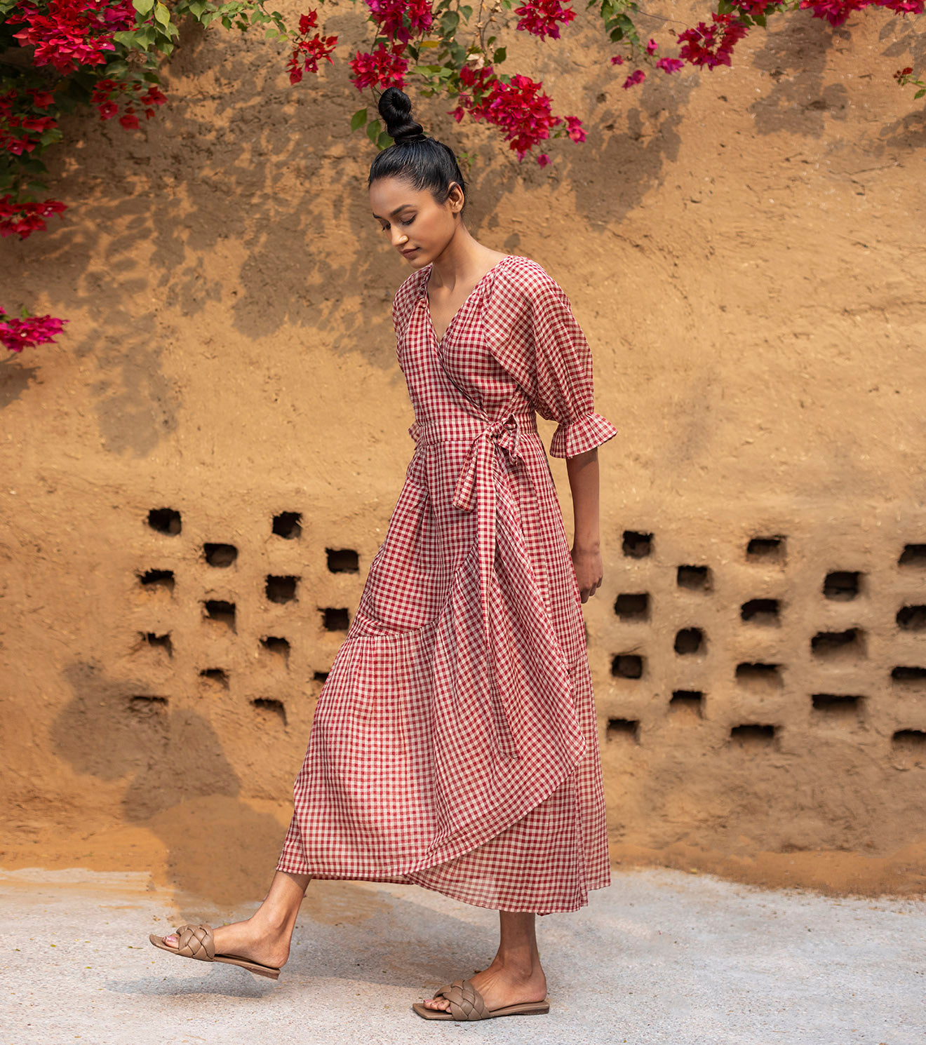 Red Check Midi Dress at Kamakhyaa by Khara Kapas. This item is Checks, Cotton, FB ADS JUNE, For Daughter, Lost & Found, Midi Dresses, Natural, Red, Regular Fit, Resort Wear, Womenswear, Wrap Dresses