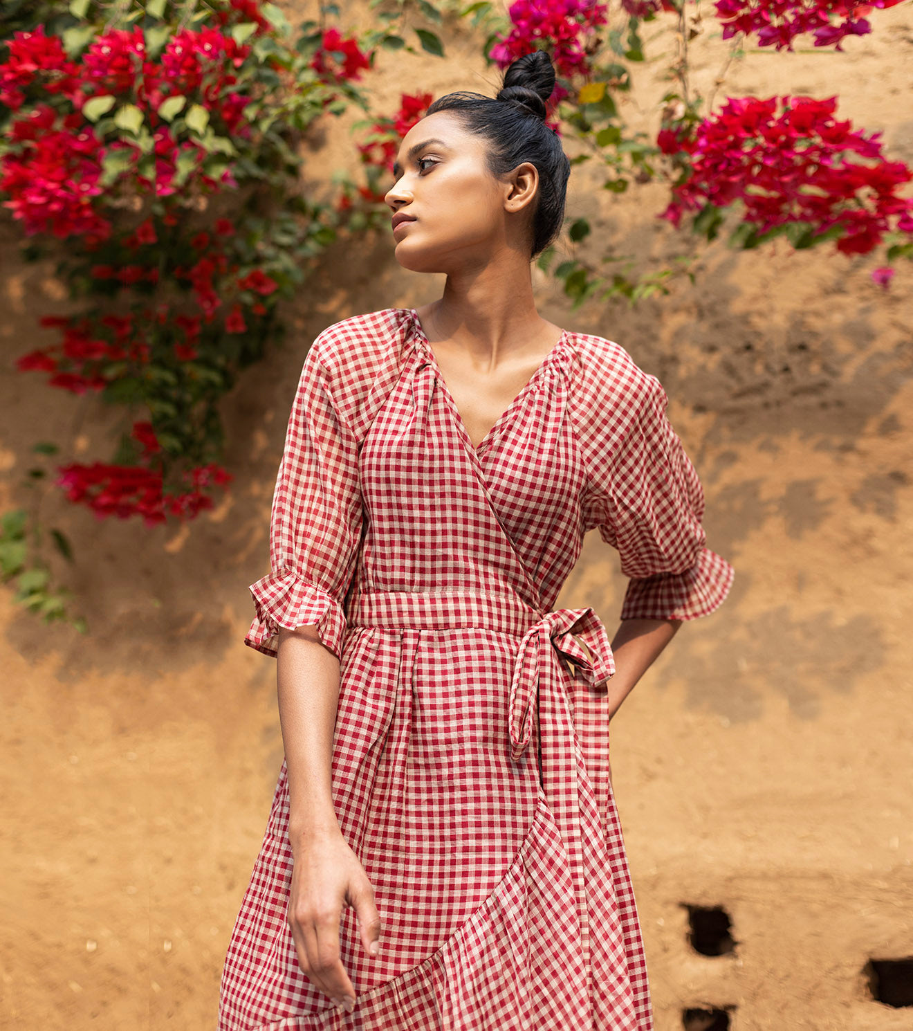 Red Check Midi Dress at Kamakhyaa by Khara Kapas. This item is Checks, Cotton, FB ADS JUNE, For Daughter, Lost & Found, Midi Dresses, Natural, Red, Regular Fit, Resort Wear, Womenswear, Wrap Dresses