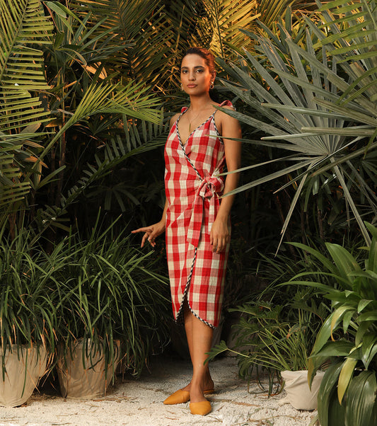 Red Check Wrap Dress at Kamakhyaa by Khara Kapas. This item is Checks, Cotton, Lost In paradise, Natural, Red, Regular Fit, Resort Wear, Womenswear, Wrap Dresses