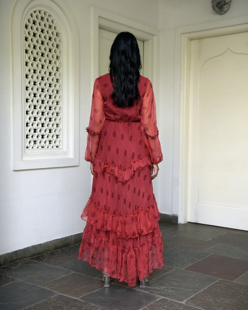 Red Chiffon Tiered Dress at Kamakhyaa by Taro. This item is Best Selling, Chiffon, Evening Wear, FB ADS JUNE, Indo-Western, July Sale, July Sale 2023, Natural, Printed Selfsame, Prints, Red, Regular Fit, Tiered Dresses, Wildflower Taro, Womenswear