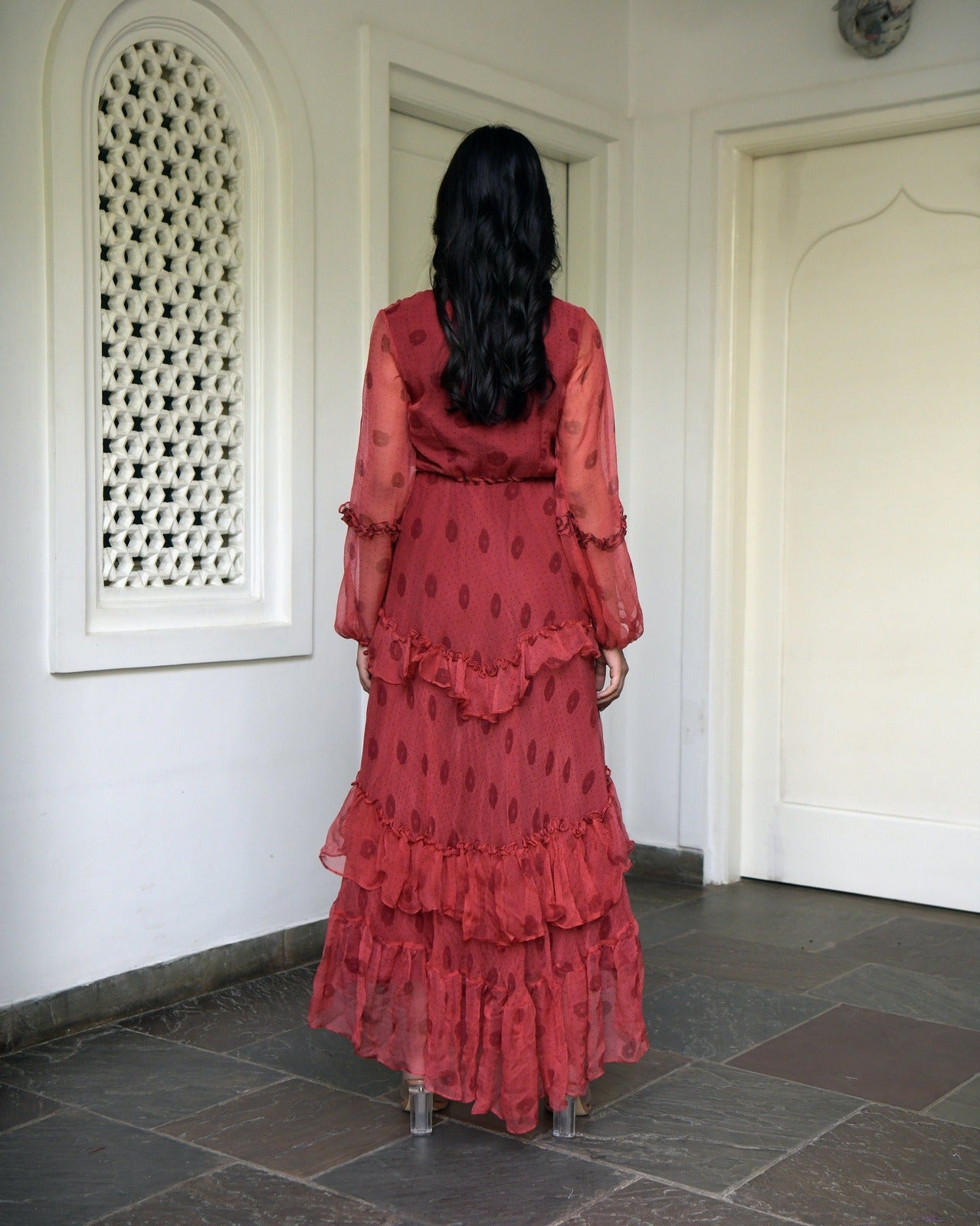 Red Chiffon Tiered Dress at Kamakhyaa by Taro. This item is Best Selling, Chiffon, Evening Wear, FB ADS JUNE, Indo-Western, July Sale, July Sale 2023, Natural, Printed Selfsame, Prints, Red, Regular Fit, Tiered Dresses, Wildflower Taro, Womenswear