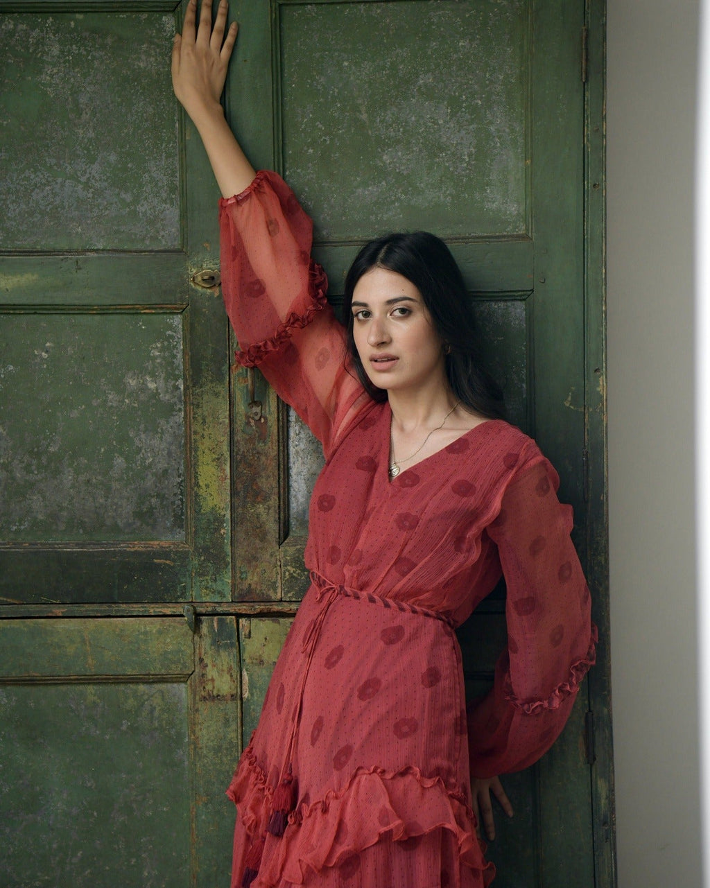 Red Chiffon Tiered Dress at Kamakhyaa by Taro. This item is Best Selling, Chiffon, Evening Wear, FB ADS JUNE, Indo-Western, July Sale, July Sale 2023, Natural, Printed Selfsame, Prints, Red, Regular Fit, Tiered Dresses, Wildflower Taro, Womenswear