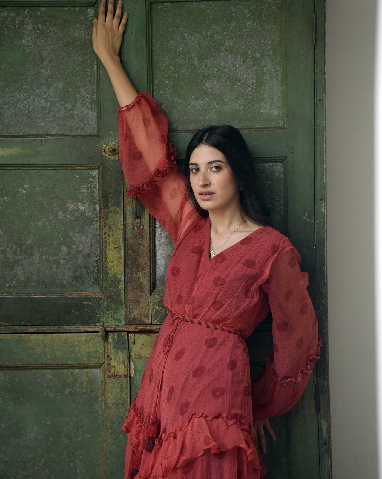 Red Chiffon Tiered Dress at Kamakhyaa by Taro. This item is Best Selling, Chiffon, Evening Wear, FB ADS JUNE, Indo-Western, July Sale, July Sale 2023, Natural, Printed Selfsame, Prints, Red, Regular Fit, Tiered Dresses, Wildflower Taro, Womenswear