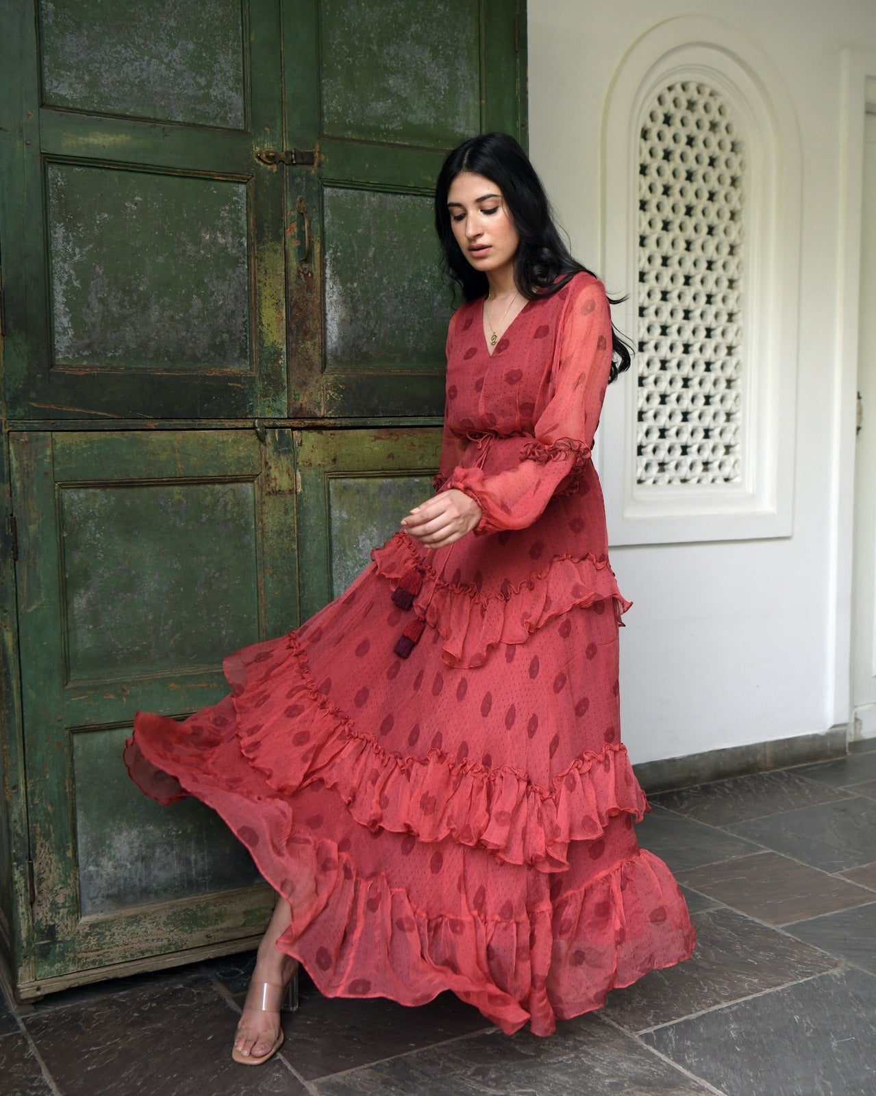 Red Chiffon Tiered Dress at Kamakhyaa by Taro. This item is Best Selling, Chiffon, Evening Wear, FB ADS JUNE, Indo-Western, July Sale, July Sale 2023, Natural, Printed Selfsame, Prints, Red, Regular Fit, Tiered Dresses, Wildflower Taro, Womenswear