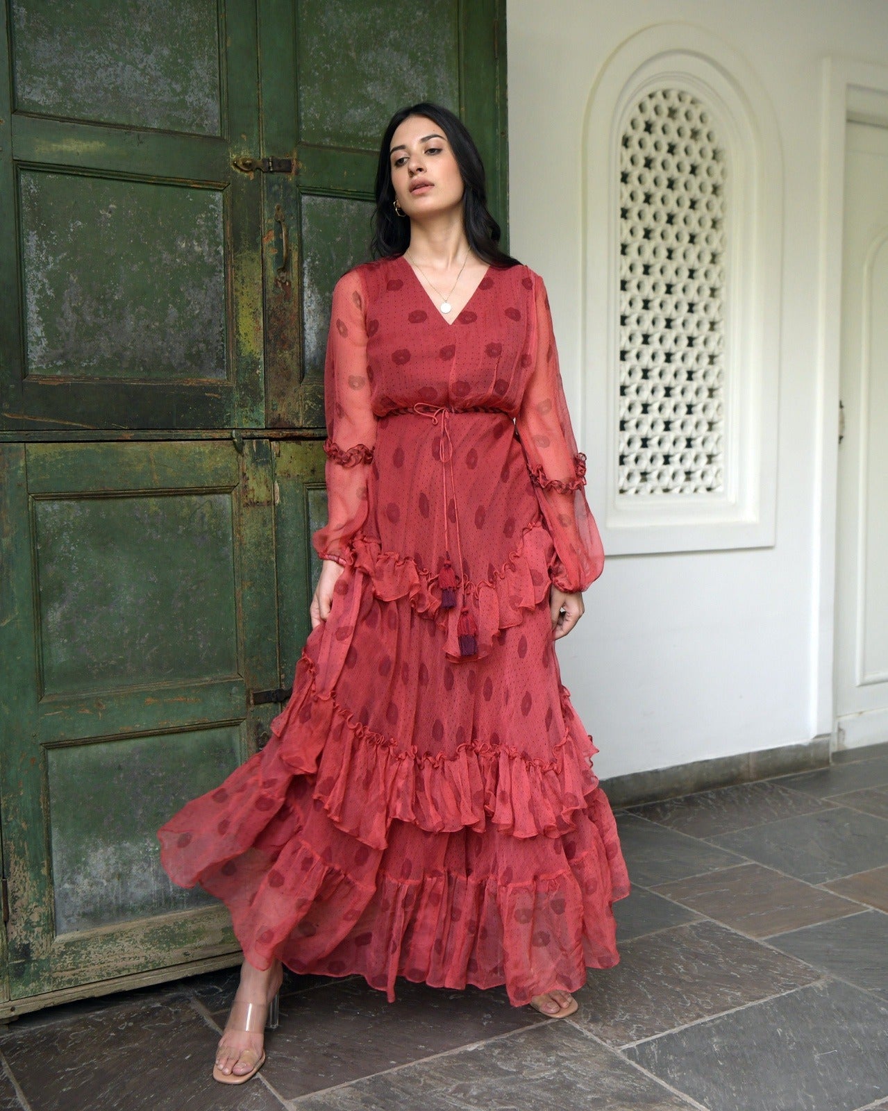 Red Chiffon Tiered Dress at Kamakhyaa by Taro. This item is Best Selling, Chiffon, Evening Wear, FB ADS JUNE, Indo-Western, July Sale, July Sale 2023, Natural, Printed Selfsame, Prints, Red, Regular Fit, Tiered Dresses, Wildflower Taro, Womenswear