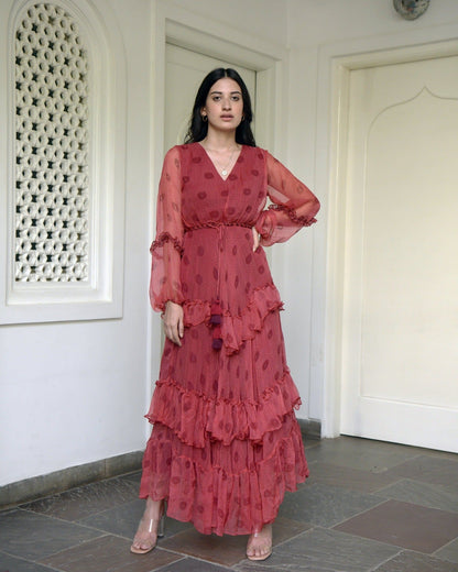 Red Chiffon Tiered Dress at Kamakhyaa by Taro. This item is Best Selling, Chiffon, Evening Wear, FB ADS JUNE, Indo-Western, July Sale, July Sale 2023, Natural, Printed Selfsame, Prints, Red, Regular Fit, Tiered Dresses, Wildflower Taro, Womenswear