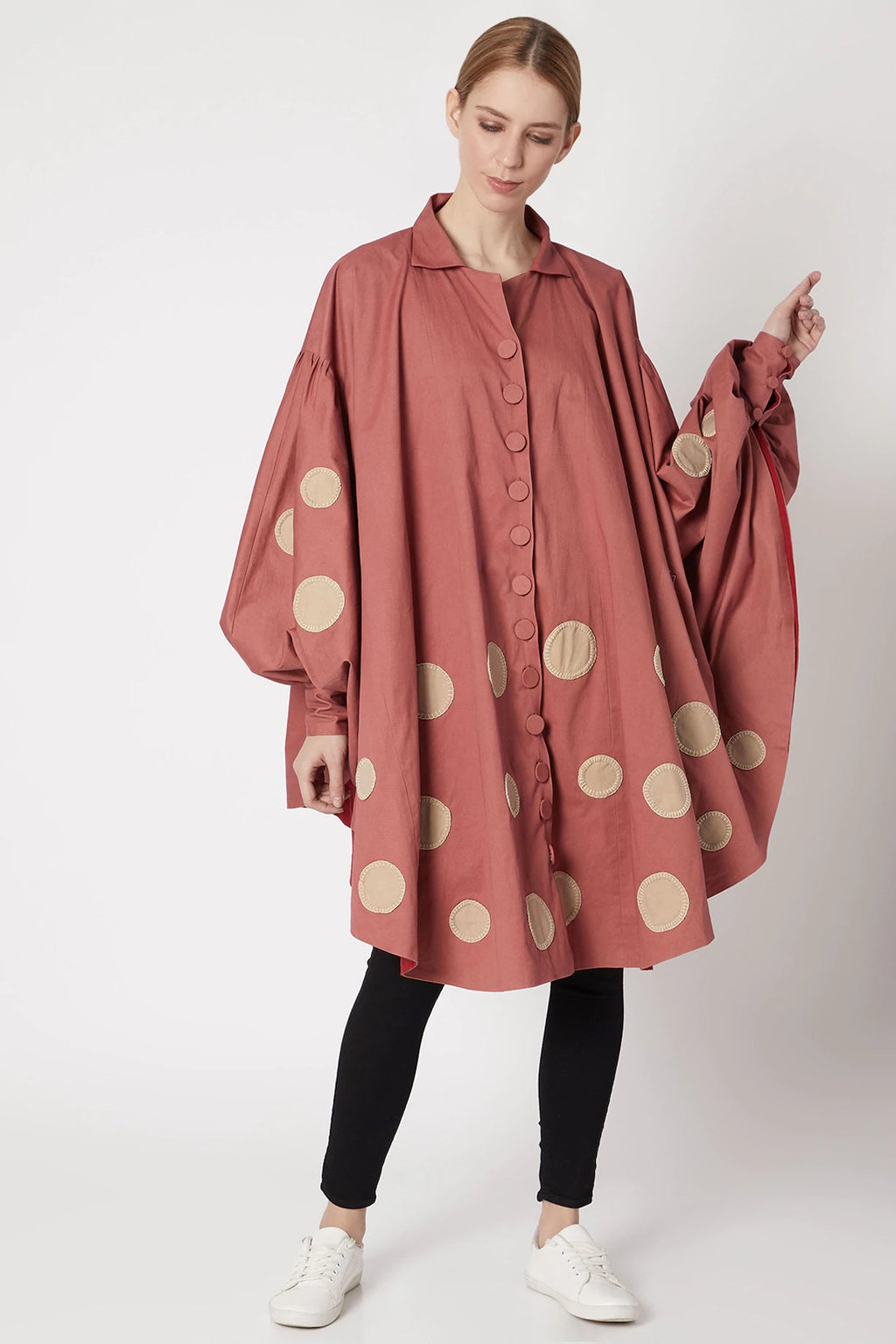 Red Collar Polka Jacket at Kamakhyaa by Chambray & Co.. This item is Casual Wear, Cotton, Jackets, Natural, Patchwork, Pink, Polka Dots, Red, Regular Fit, Womenswear