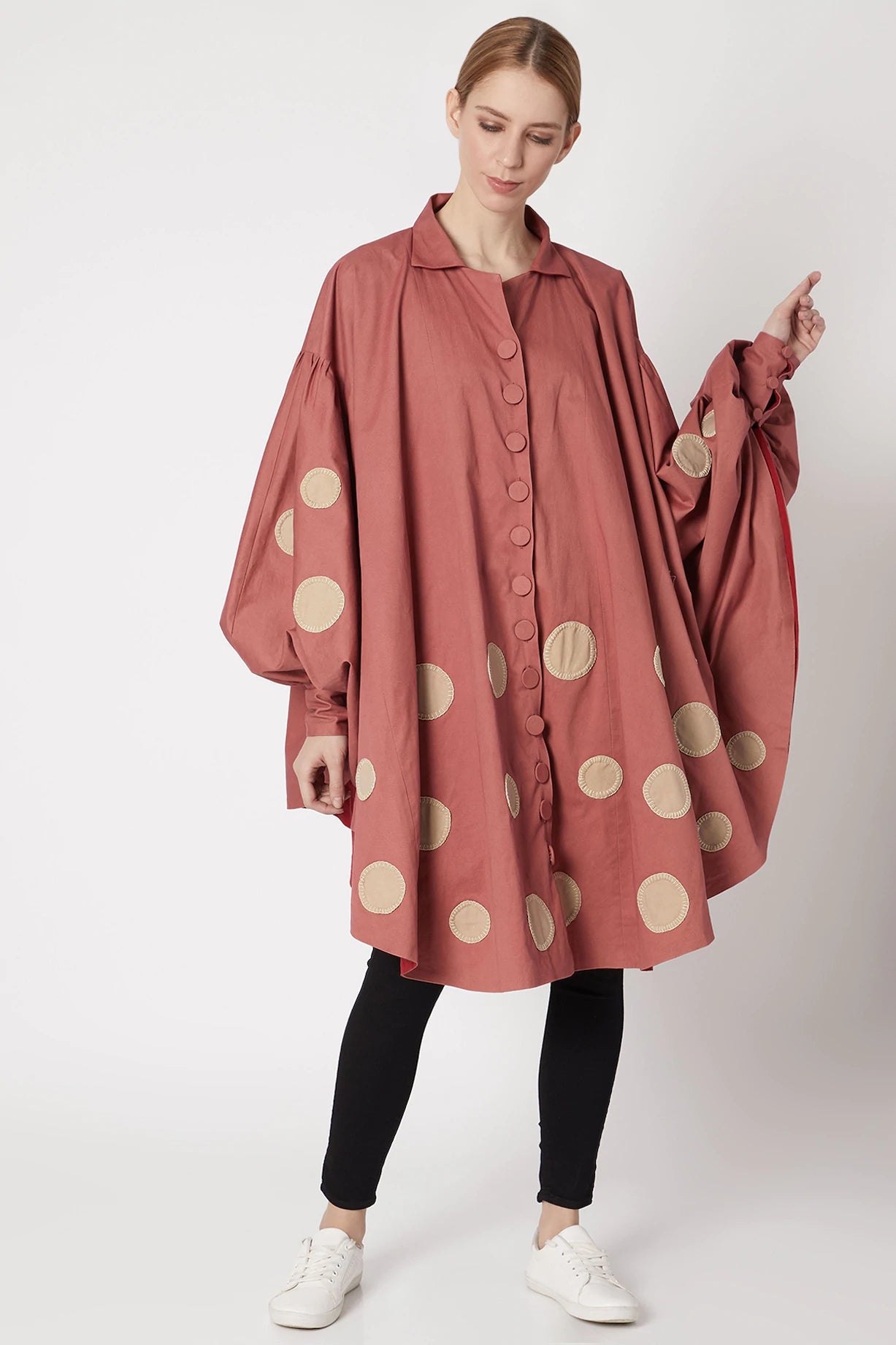 Red Collar Polka Jacket at Kamakhyaa by Chambray & Co.. This item is Casual Wear, Cotton, Jackets, Natural, Patchwork, Pink, Polka Dots, Red, Regular Fit, Womenswear