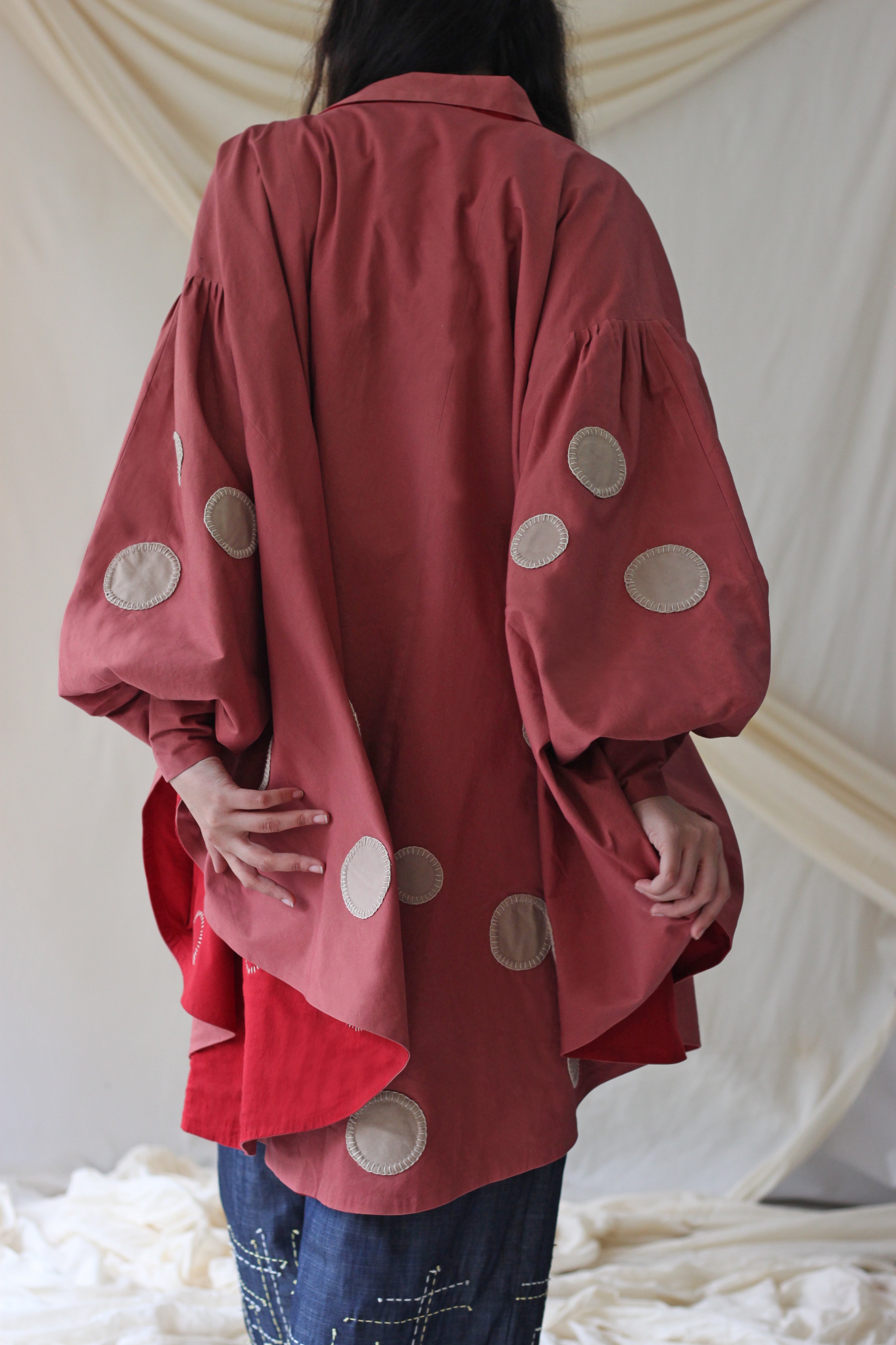 Red Collar Polka Jacket at Kamakhyaa by Chambray & Co.. This item is Casual Wear, Cotton, Jackets, Natural, Patchwork, Pink, Polka Dots, Red, Regular Fit, Womenswear