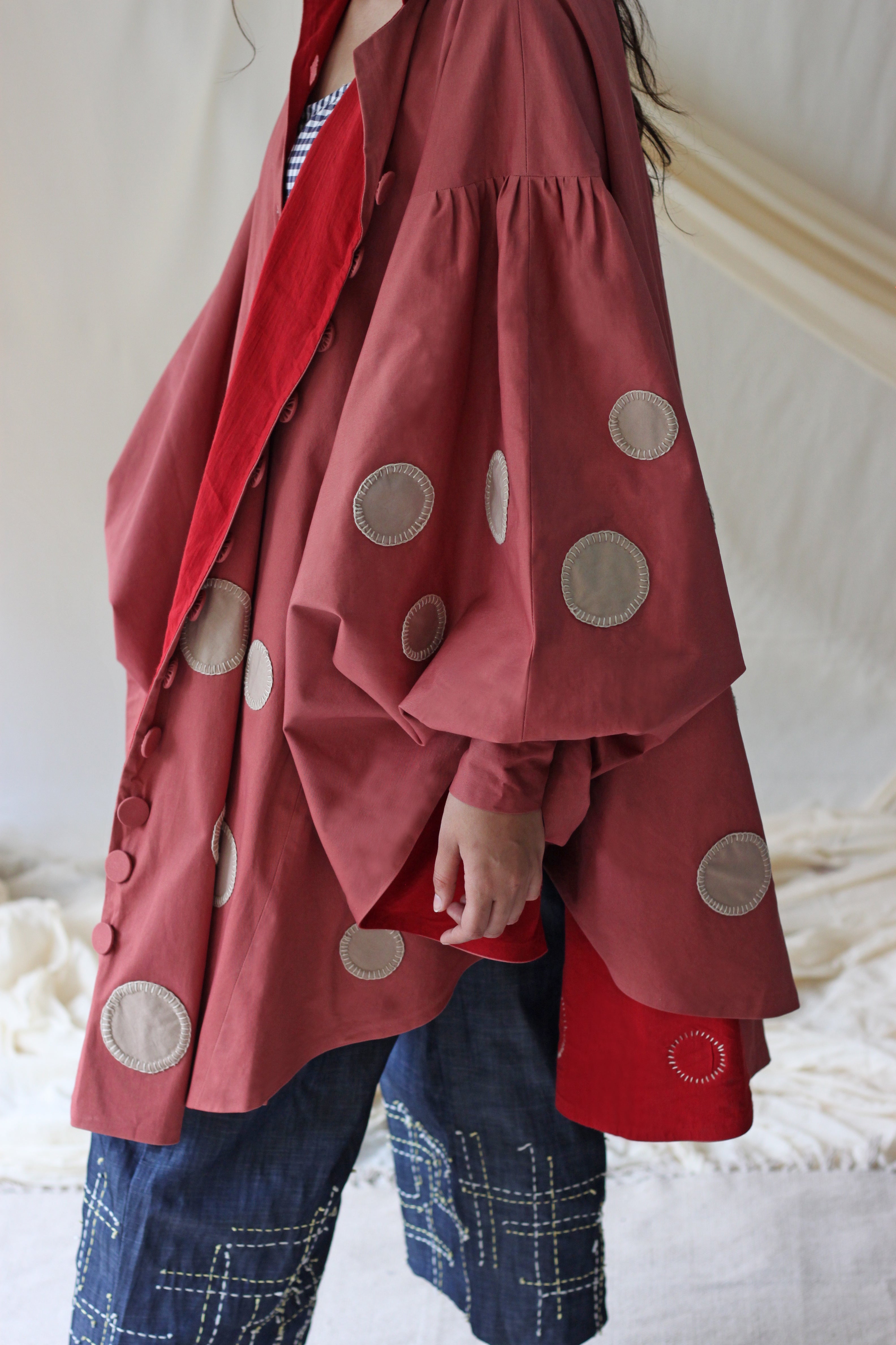 Red Collar Polka Jacket at Kamakhyaa by Chambray & Co.. This item is Casual Wear, Cotton, Jackets, Natural, Patchwork, Pink, Polka Dots, Red, Regular Fit, Womenswear