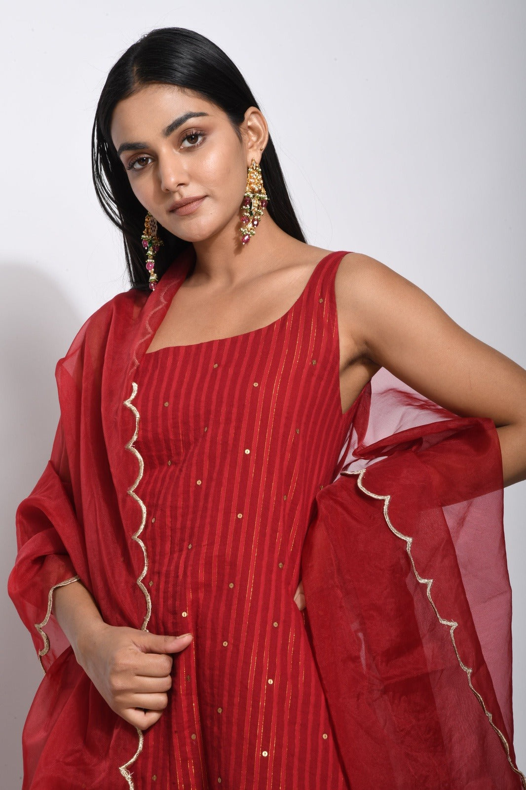 Red Cotton Kurta Skirt Set With Dupatta at Kamakhyaa by Taro. This item is Evening Wear, Handwoven cotton, Indian Wear, Indo-Western, July Sale, July Sale 2023, Lehenga Sets, Natural, Organza, Red, Regular Fit, Textured, Wedding Gifts, Womenswear