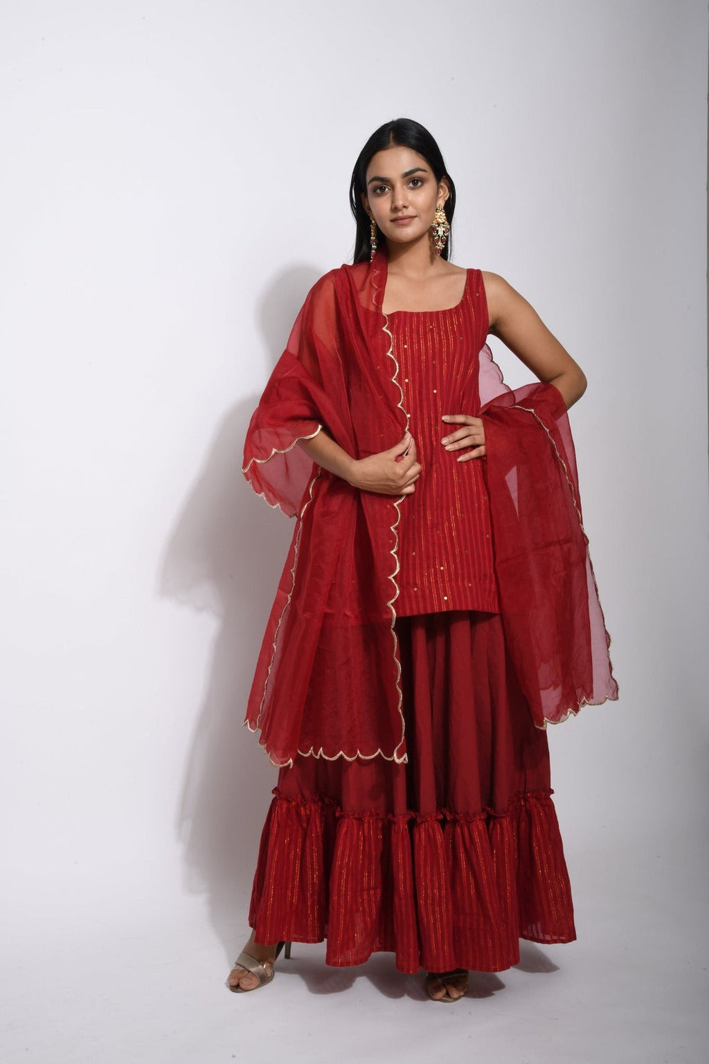 Red Cotton Kurta Skirt Set With Dupatta at Kamakhyaa by Taro. This item is Evening Wear, Handwoven cotton, Indian Wear, Indo-Western, July Sale, July Sale 2023, Lehenga Sets, Natural, Organza, Red, Regular Fit, Textured, Wedding Gifts, Womenswear