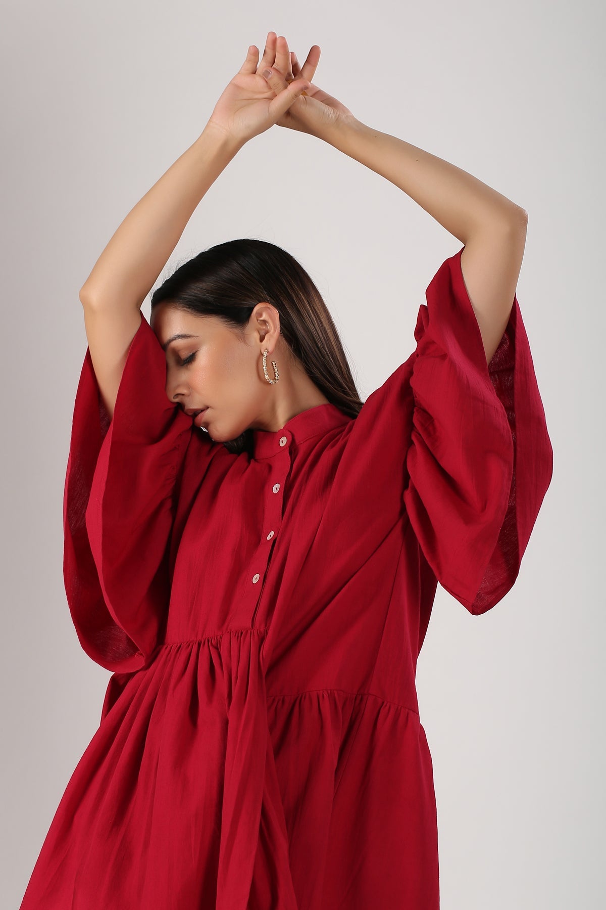 Red Cotton Mini Dress at Kamakhyaa by MOH-The Eternal Dhaga. This item is Casual Wear, Cotton, Cotton Slub, Mini Dresses, Moh-The eternal Dhaga, Natural, Red, Relaxed Fit, Shirt Dresses, Solids, Womenswear