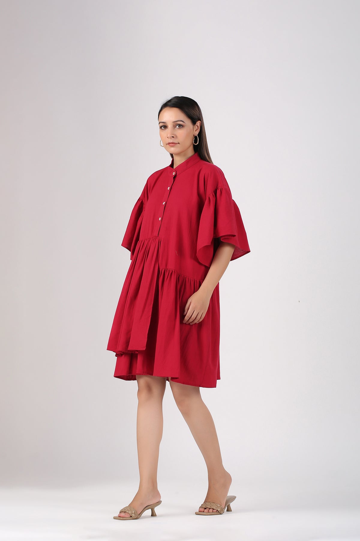 Red Cotton Mini Dress at Kamakhyaa by MOH-The Eternal Dhaga. This item is Casual Wear, Cotton, Cotton Slub, Mini Dresses, Moh-The eternal Dhaga, Natural, Red, Relaxed Fit, Shirt Dresses, Solids, Womenswear