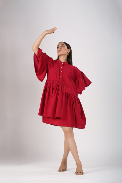 Red Cotton Mini Dress at Kamakhyaa by MOH-The Eternal Dhaga. This item is Casual Wear, Cotton, Cotton Slub, Mini Dresses, Moh-The eternal Dhaga, Natural, Red, Relaxed Fit, Shirt Dresses, Solids, Womenswear