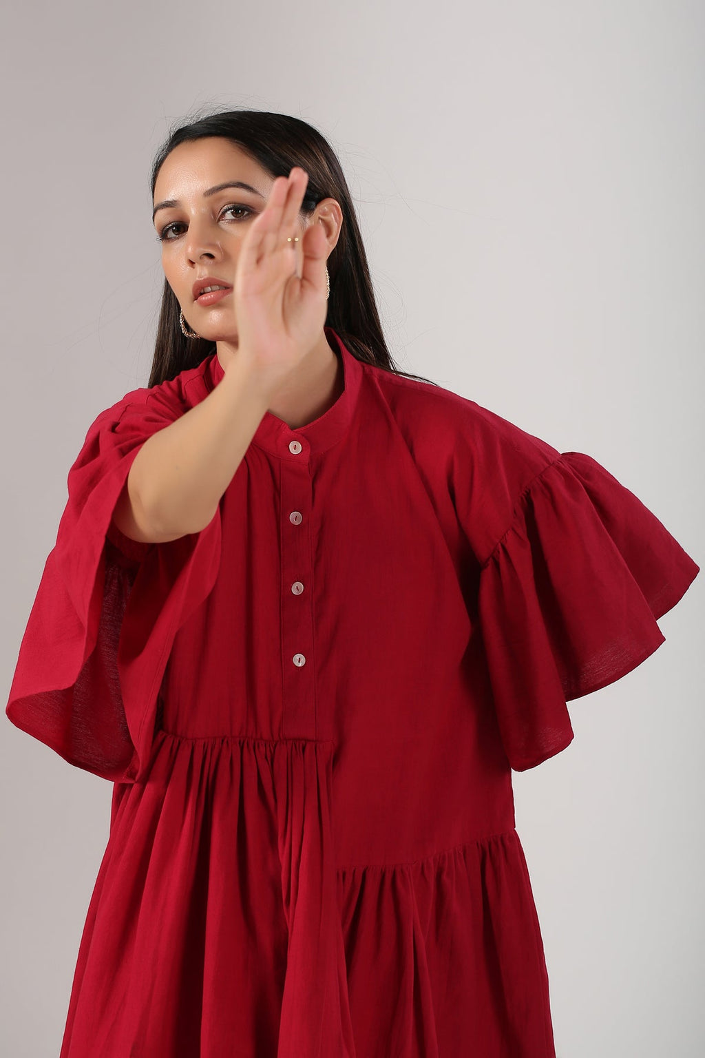Red Cotton Mini Dress at Kamakhyaa by MOH-The Eternal Dhaga. This item is Casual Wear, Cotton, Cotton Slub, Mini Dresses, Moh-The eternal Dhaga, Natural, Red, Relaxed Fit, Shirt Dresses, Solids, Womenswear