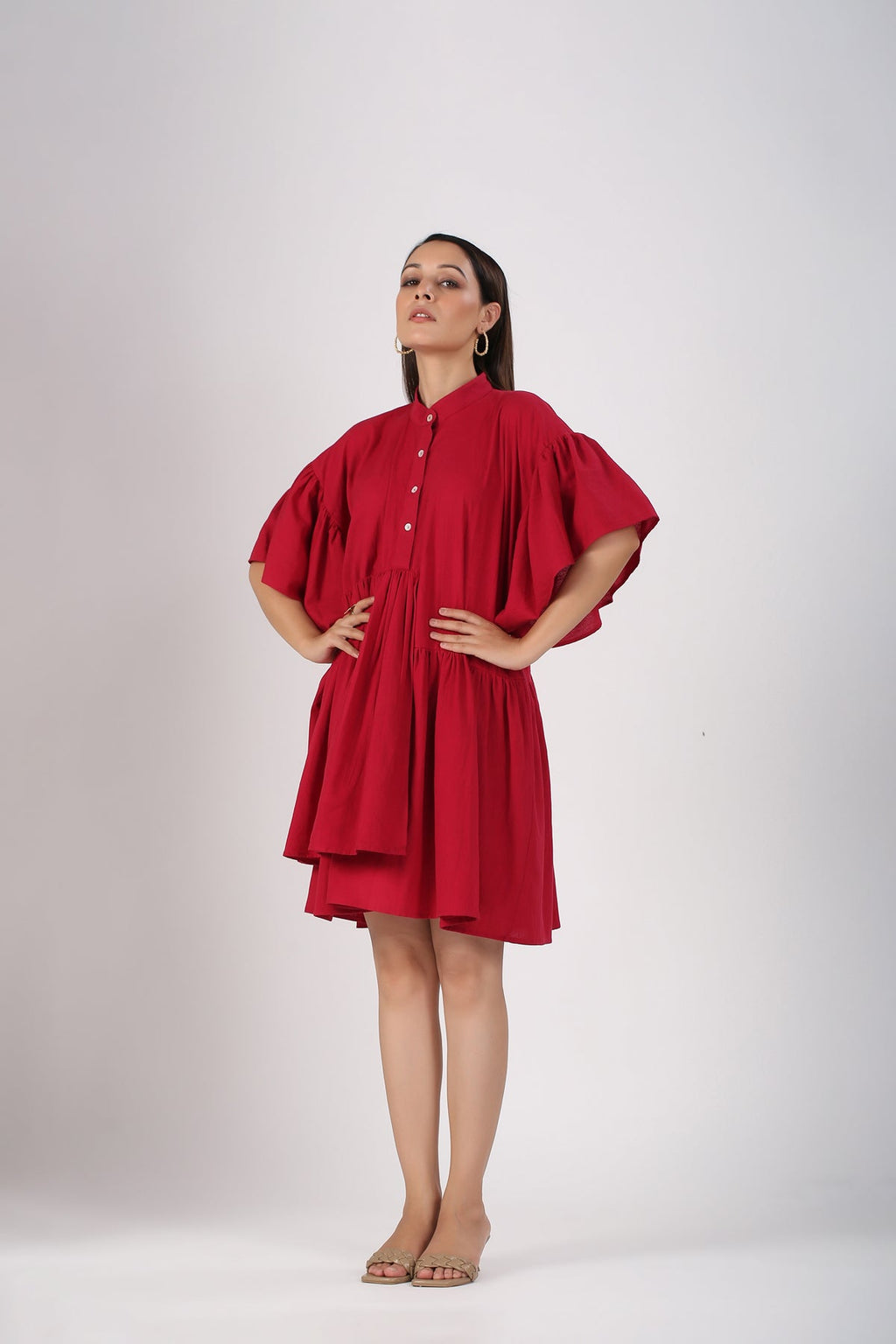 Red Cotton Mini Dress at Kamakhyaa by MOH-The Eternal Dhaga. This item is Casual Wear, Cotton, Cotton Slub, Mini Dresses, Moh-The eternal Dhaga, Natural, Red, Relaxed Fit, Shirt Dresses, Solids, Womenswear